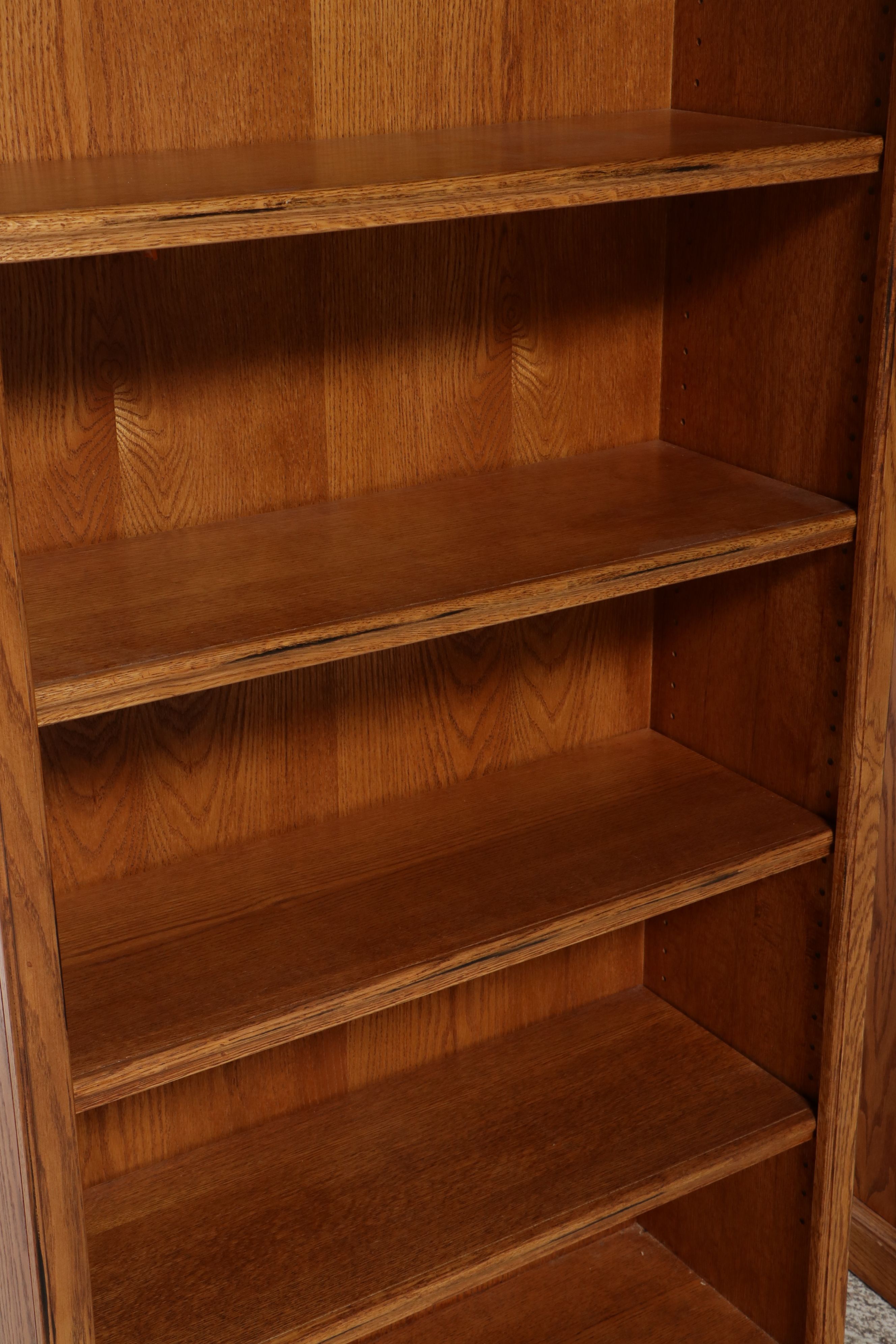 Pair of Oak Veneer Open Bookcases with Arched Aprons
