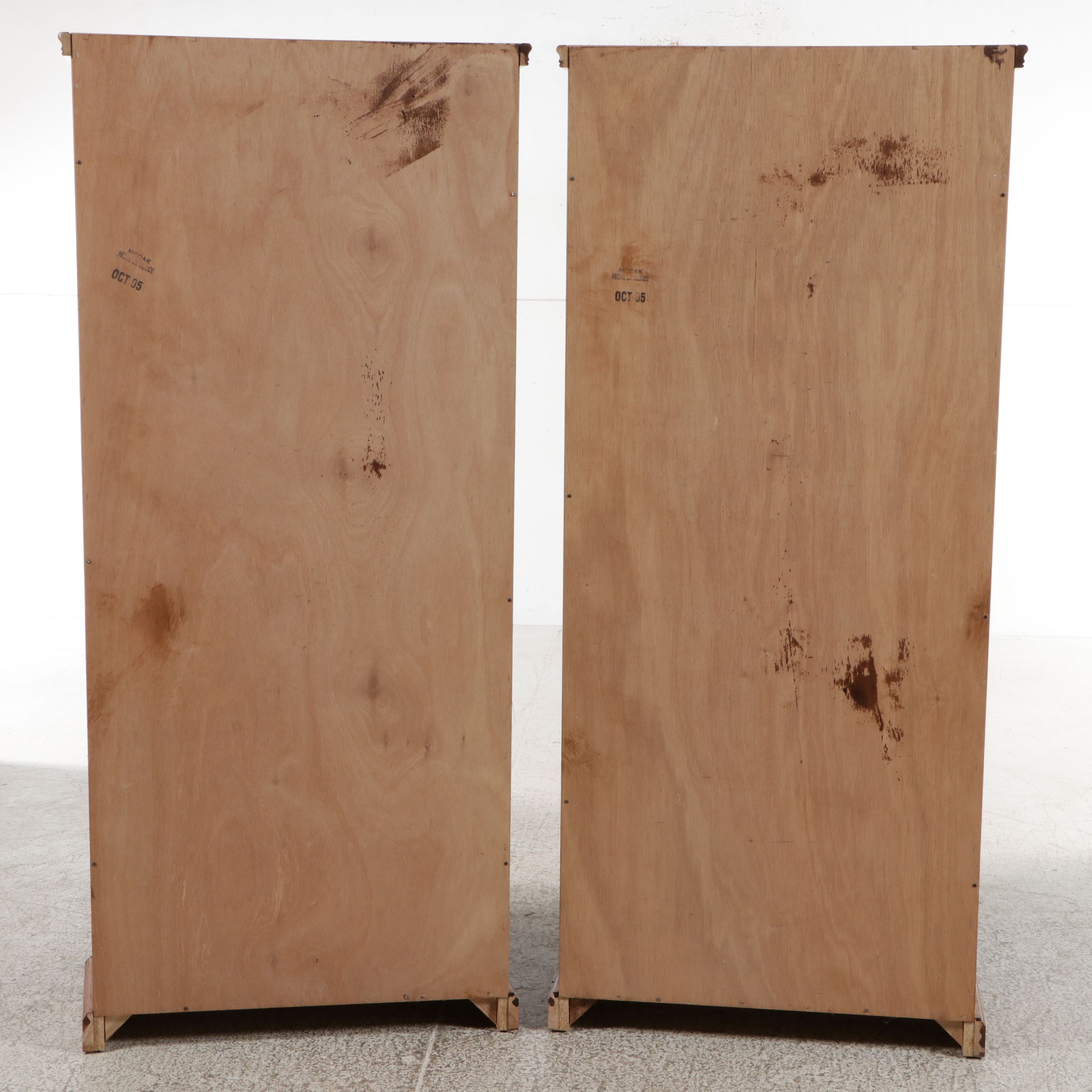 Pair of Oak Veneer Open Bookcases with Arched Aprons