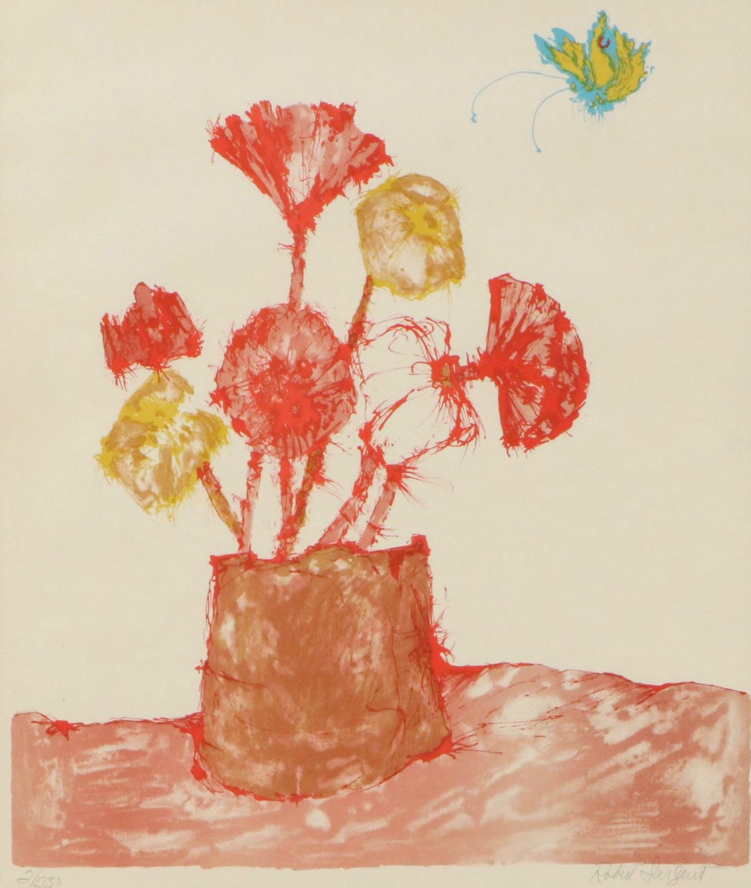 Robert Sargent Lithograph of Floral Still Life with Butterfly