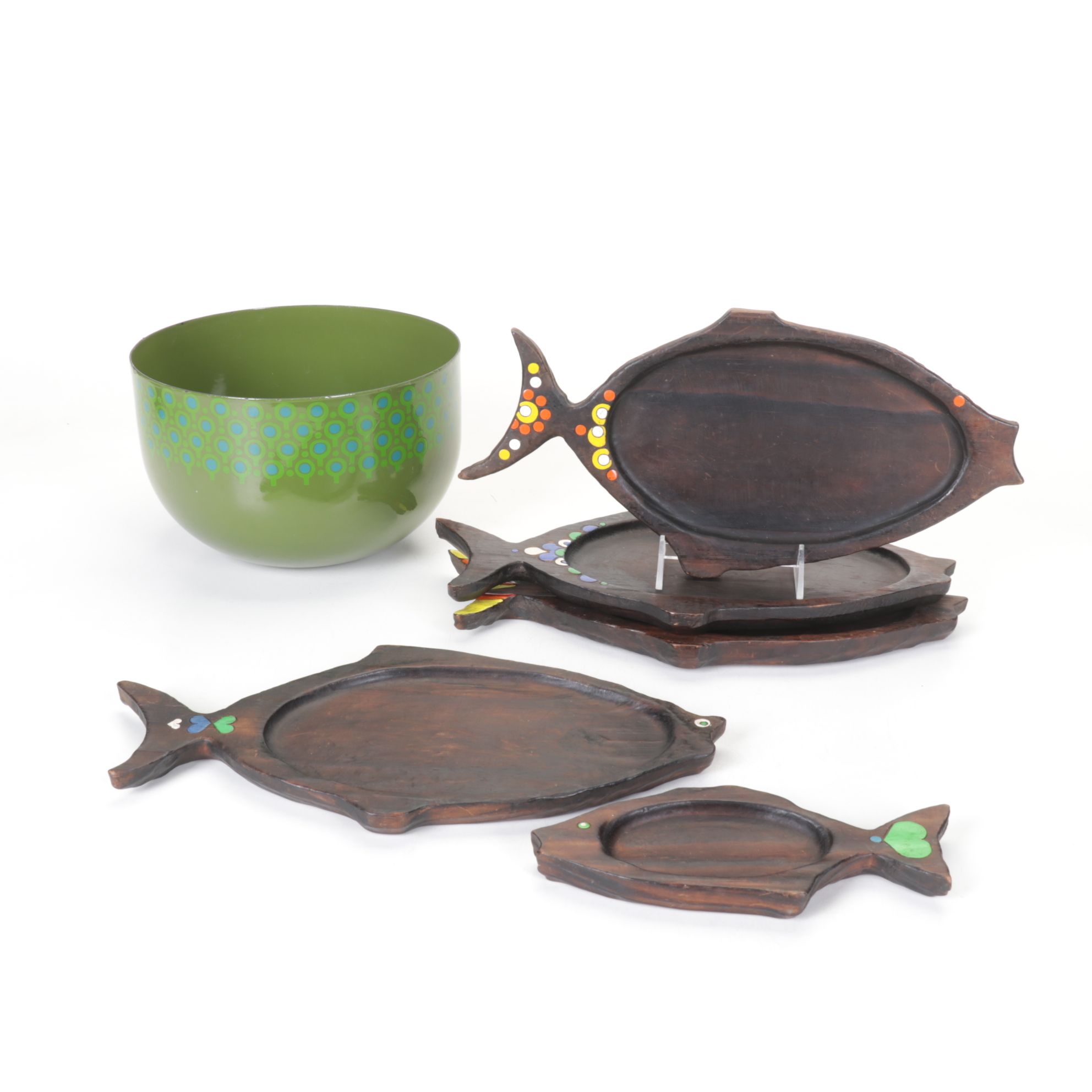Merrill Ames for VEFA "Lolipop" Enamel Bowl with Hand Carved Wood Fish Platters