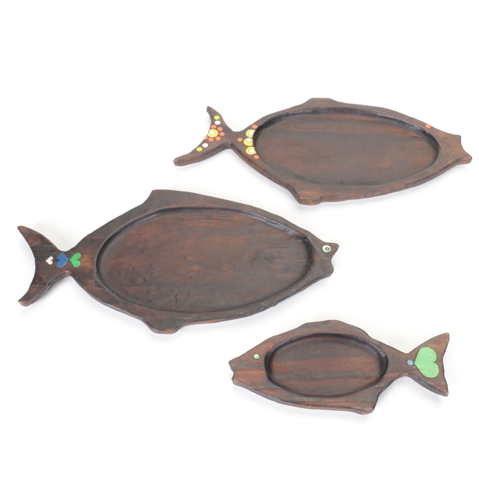 Merrill Ames for VEFA "Lolipop" Enamel Bowl with Hand Carved Wood Fish Platters