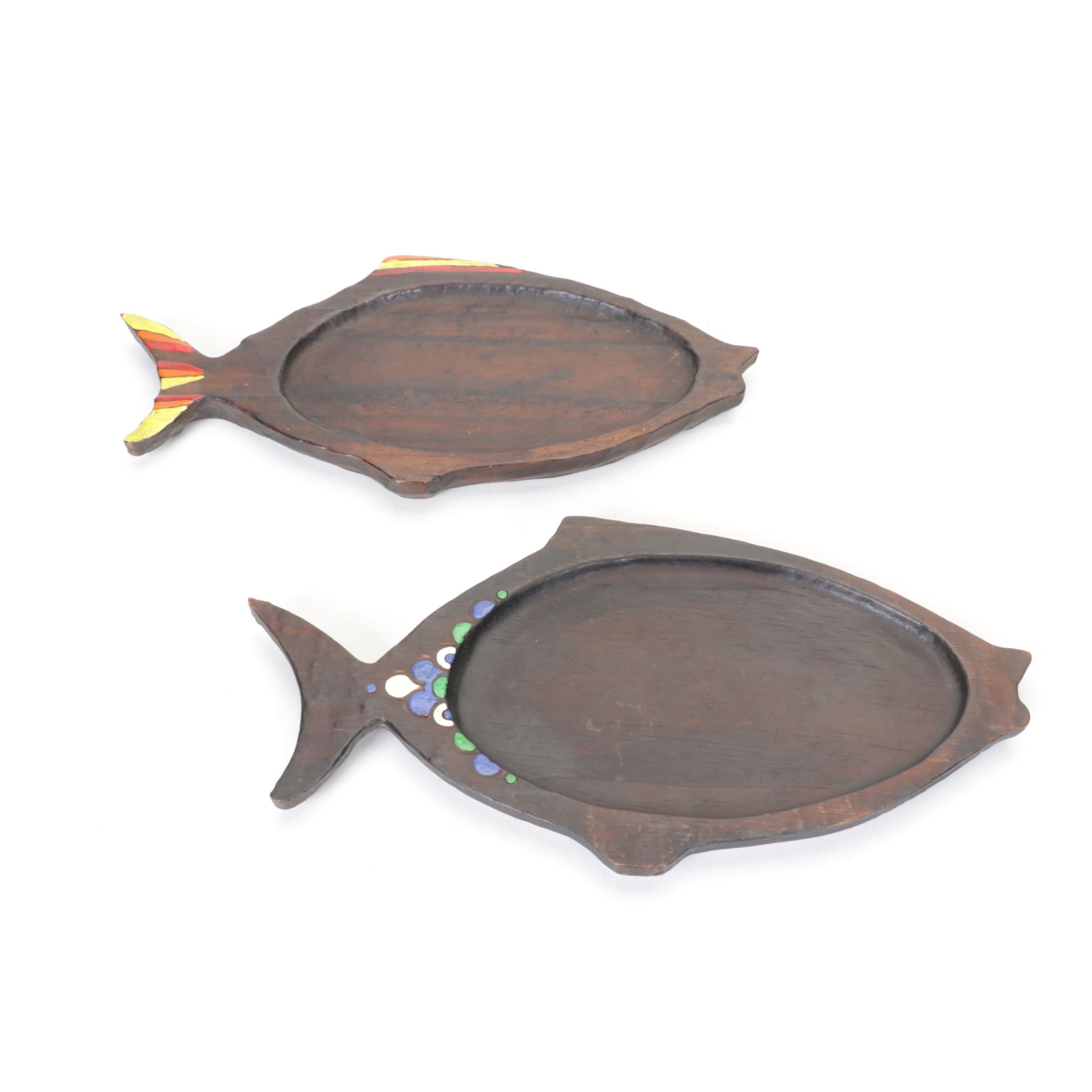 Merrill Ames for VEFA "Lolipop" Enamel Bowl with Hand Carved Wood Fish Platters