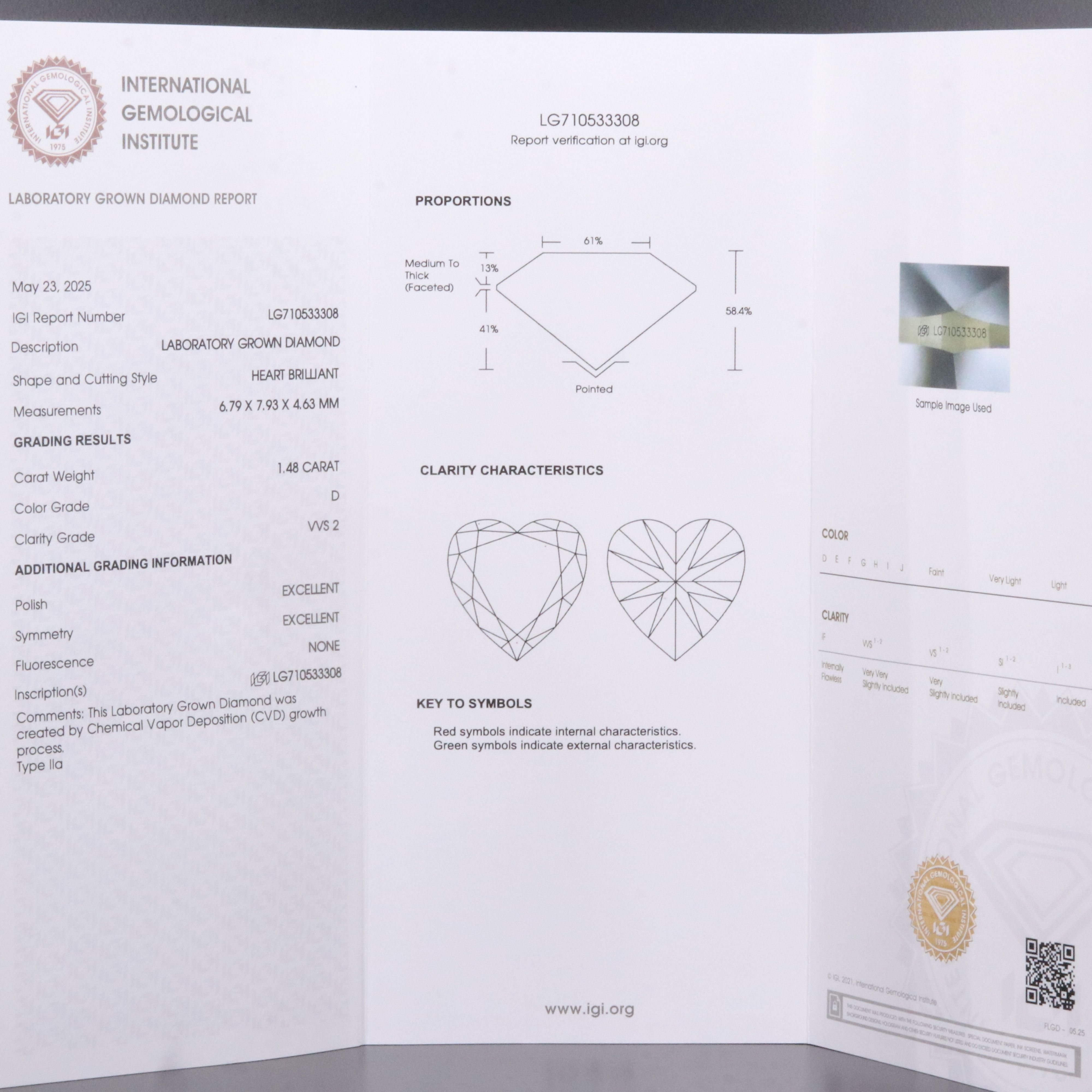 Loose 1.48 CT Lab Grown Diamond with IGI Report