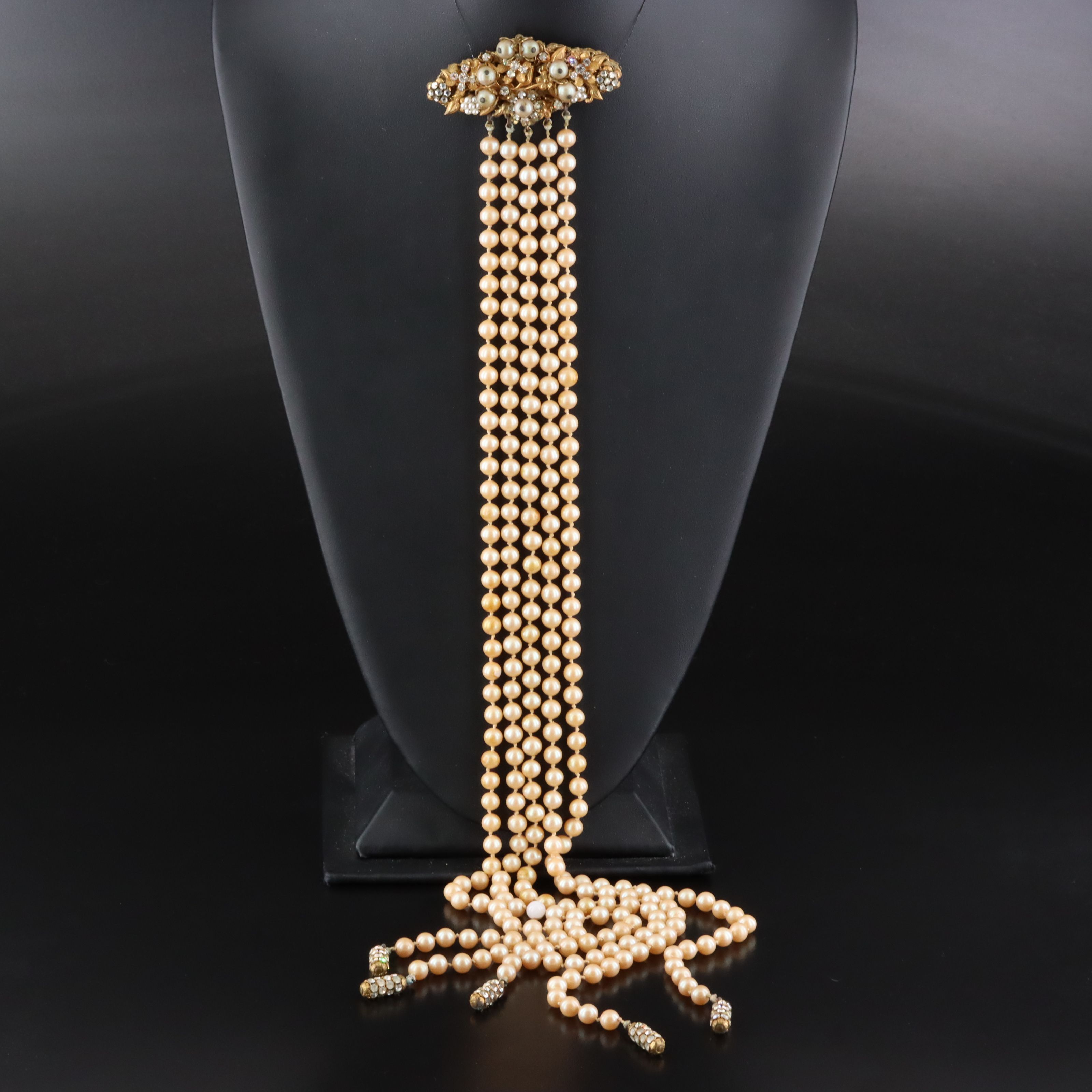 Stanley Hagler NYC Glass Pearl and Rhinestone Waterfall Brooch