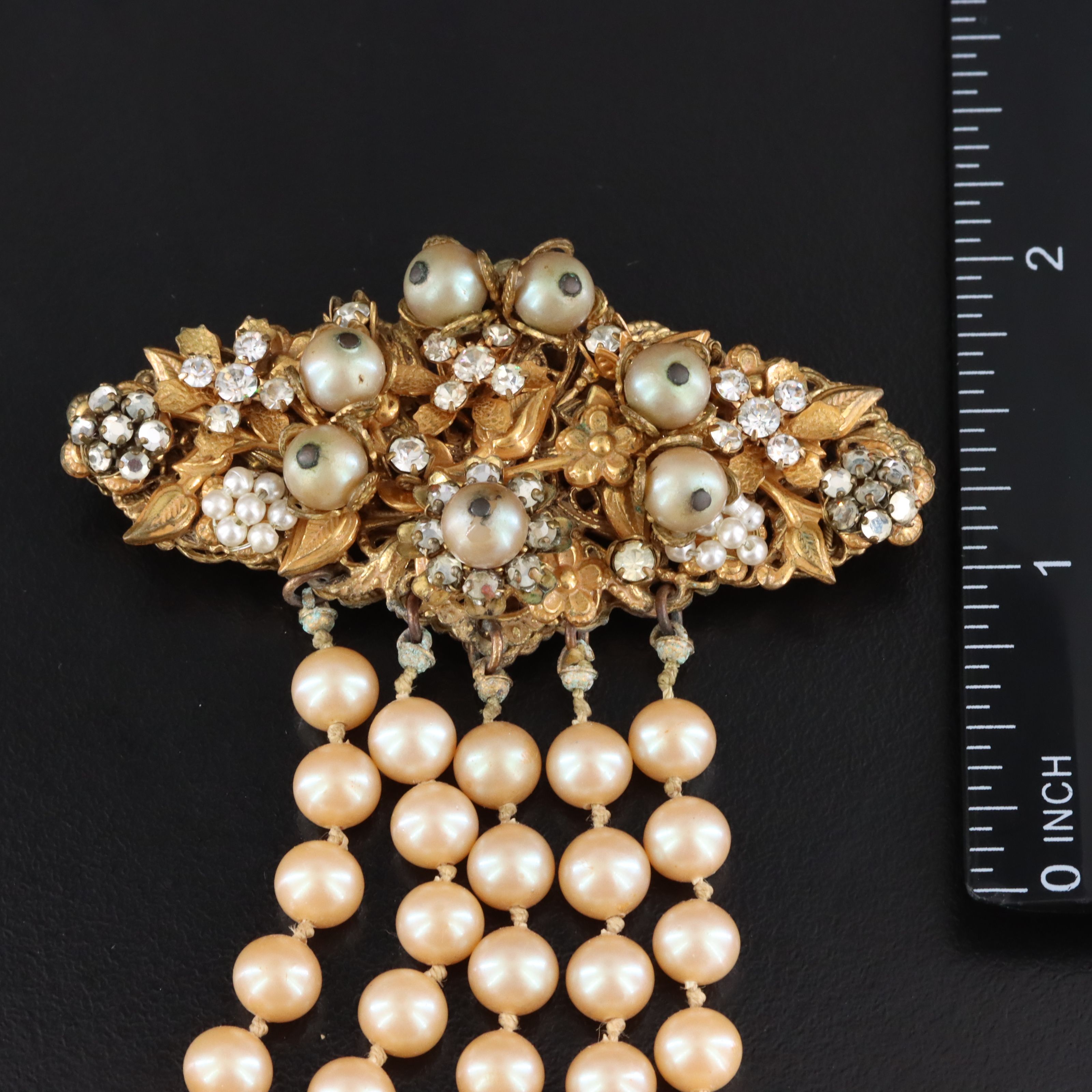 Stanley Hagler NYC Glass Pearl and Rhinestone Waterfall Brooch