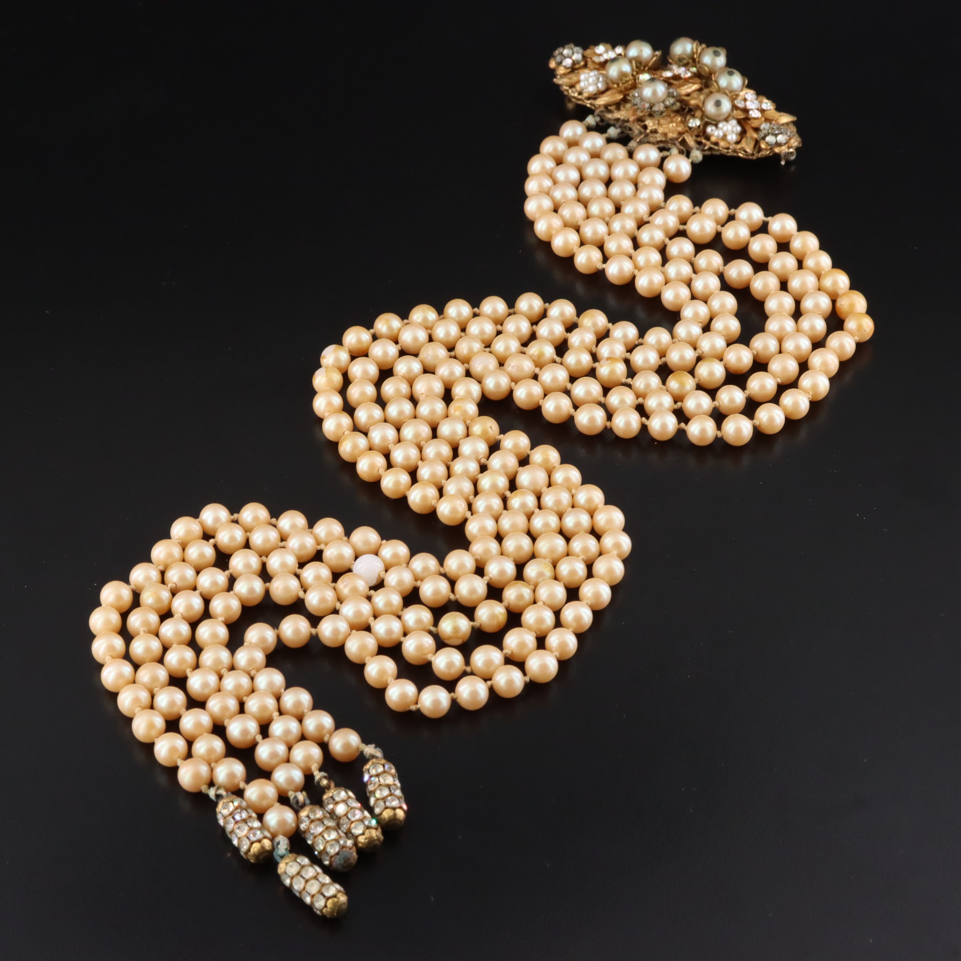 Stanley Hagler NYC Glass Pearl and Rhinestone Waterfall Brooch