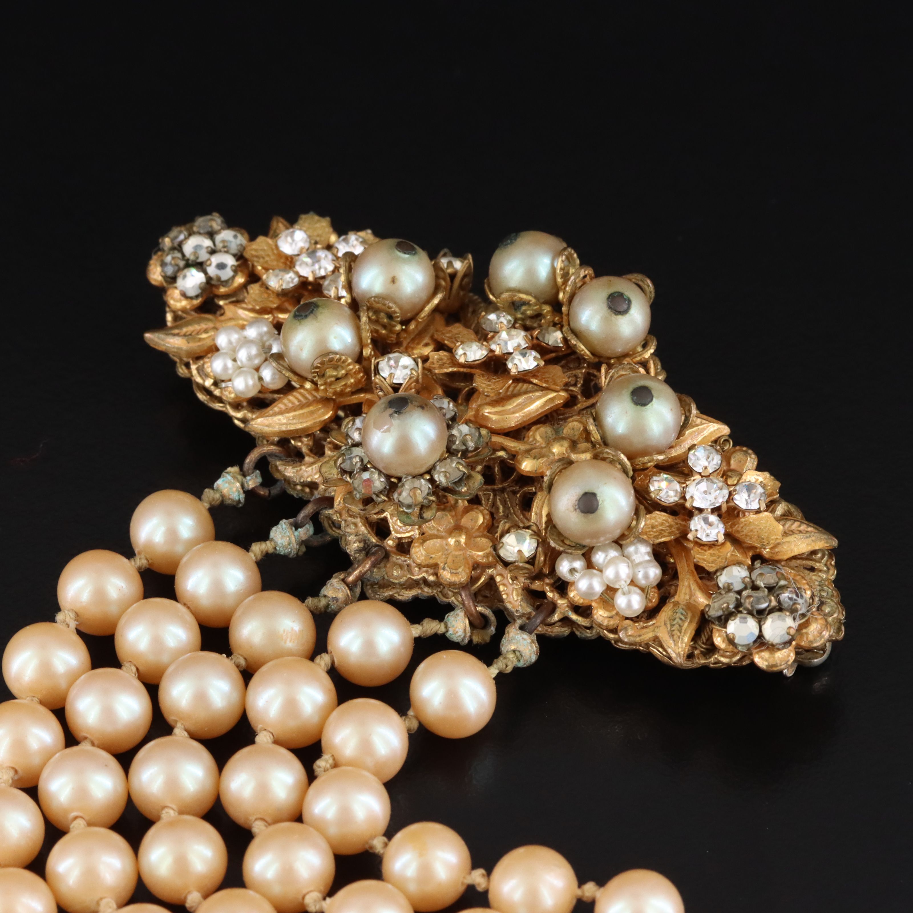 Stanley Hagler NYC Glass Pearl and Rhinestone Waterfall Brooch