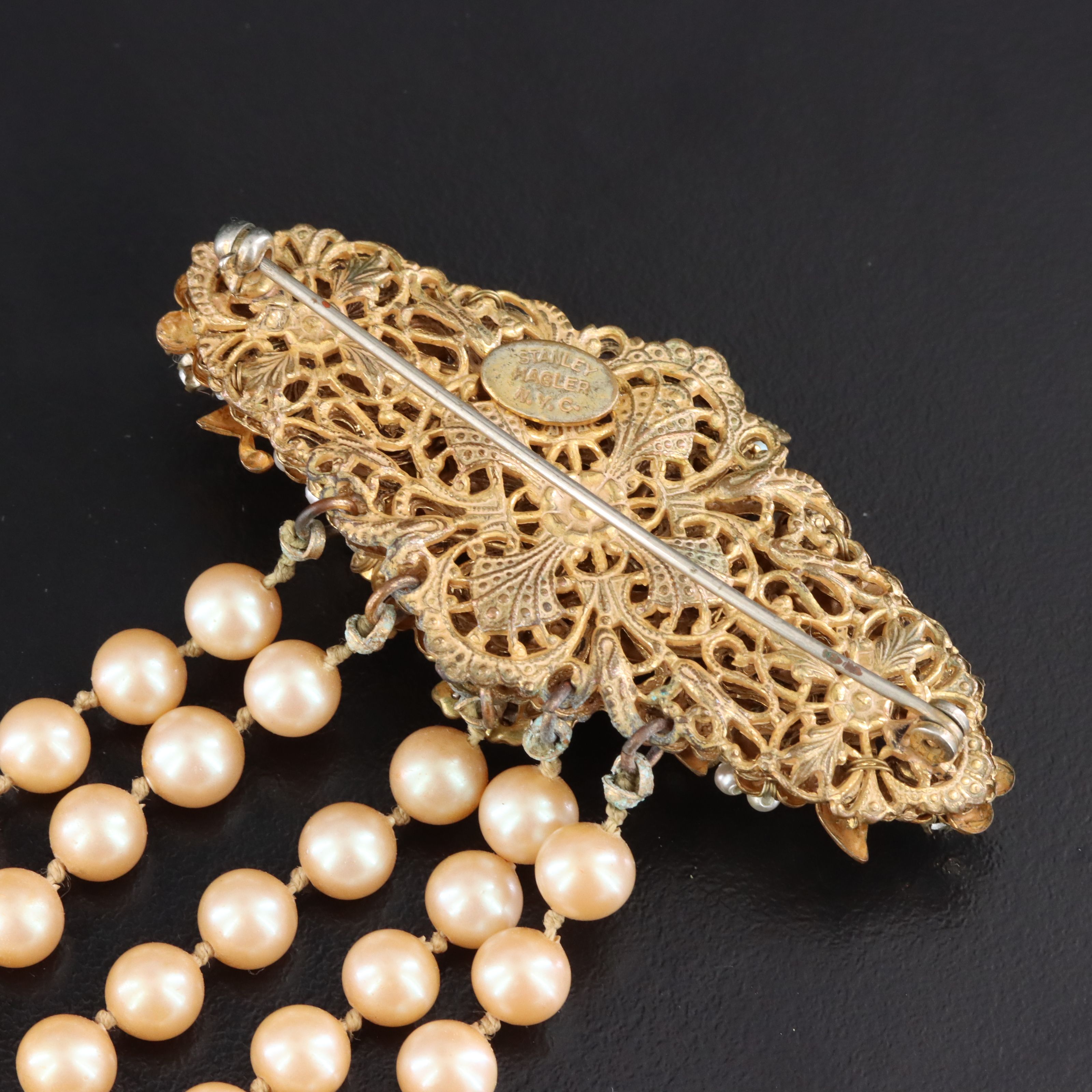 Stanley Hagler NYC Glass Pearl and Rhinestone Waterfall Brooch