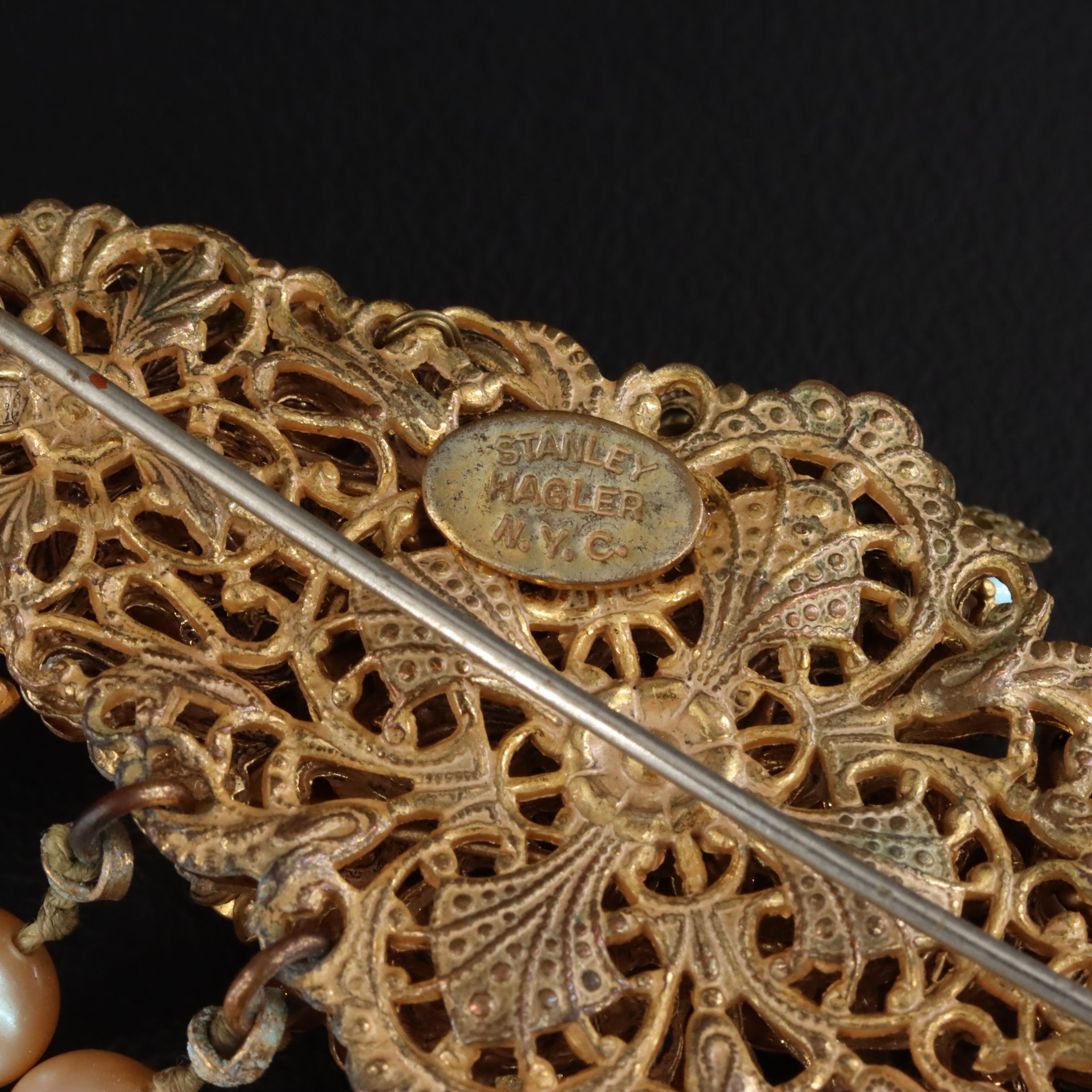 Stanley Hagler NYC Glass Pearl and Rhinestone Waterfall Brooch