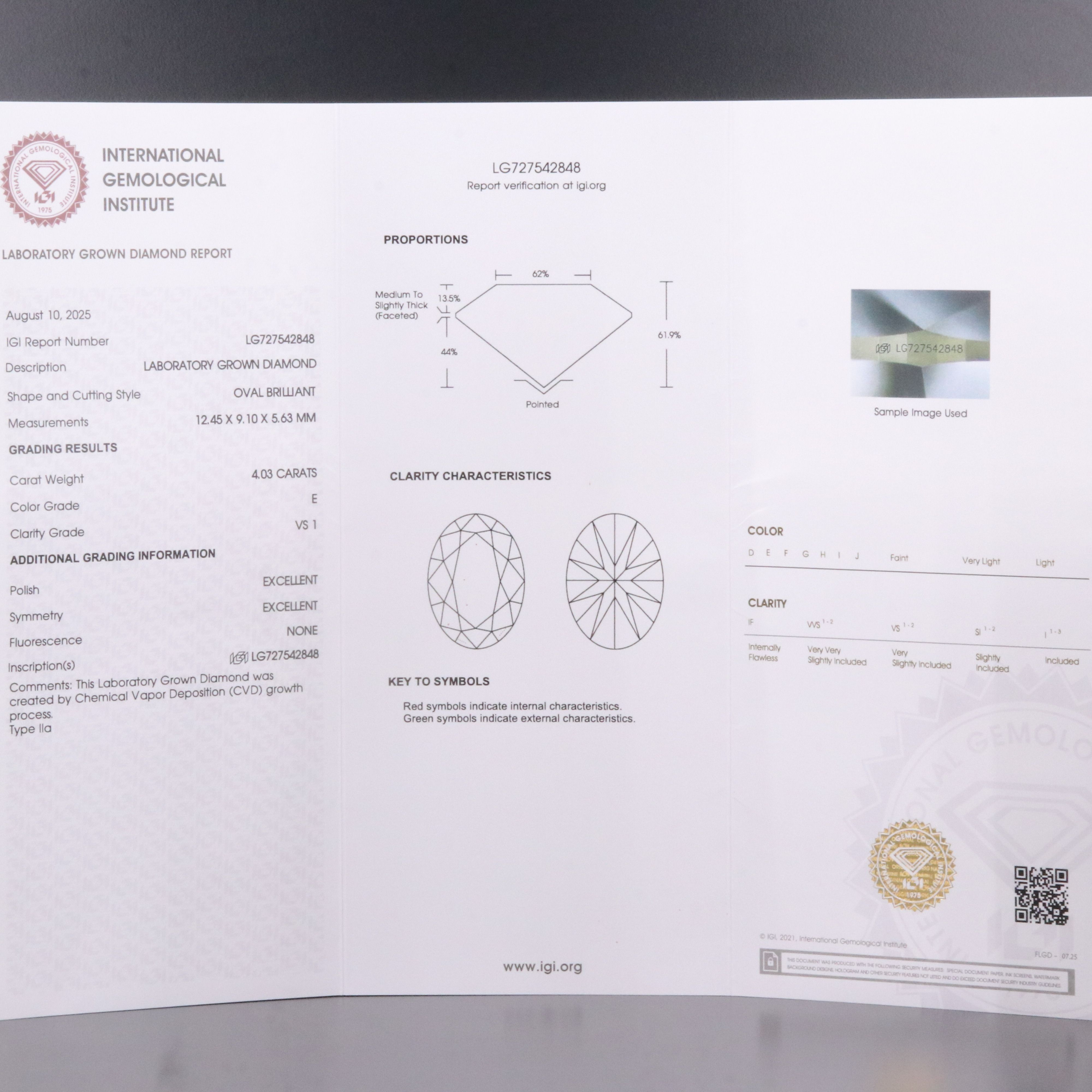 Loose 4.03 CT Lab Grown Diamond with IGI Report