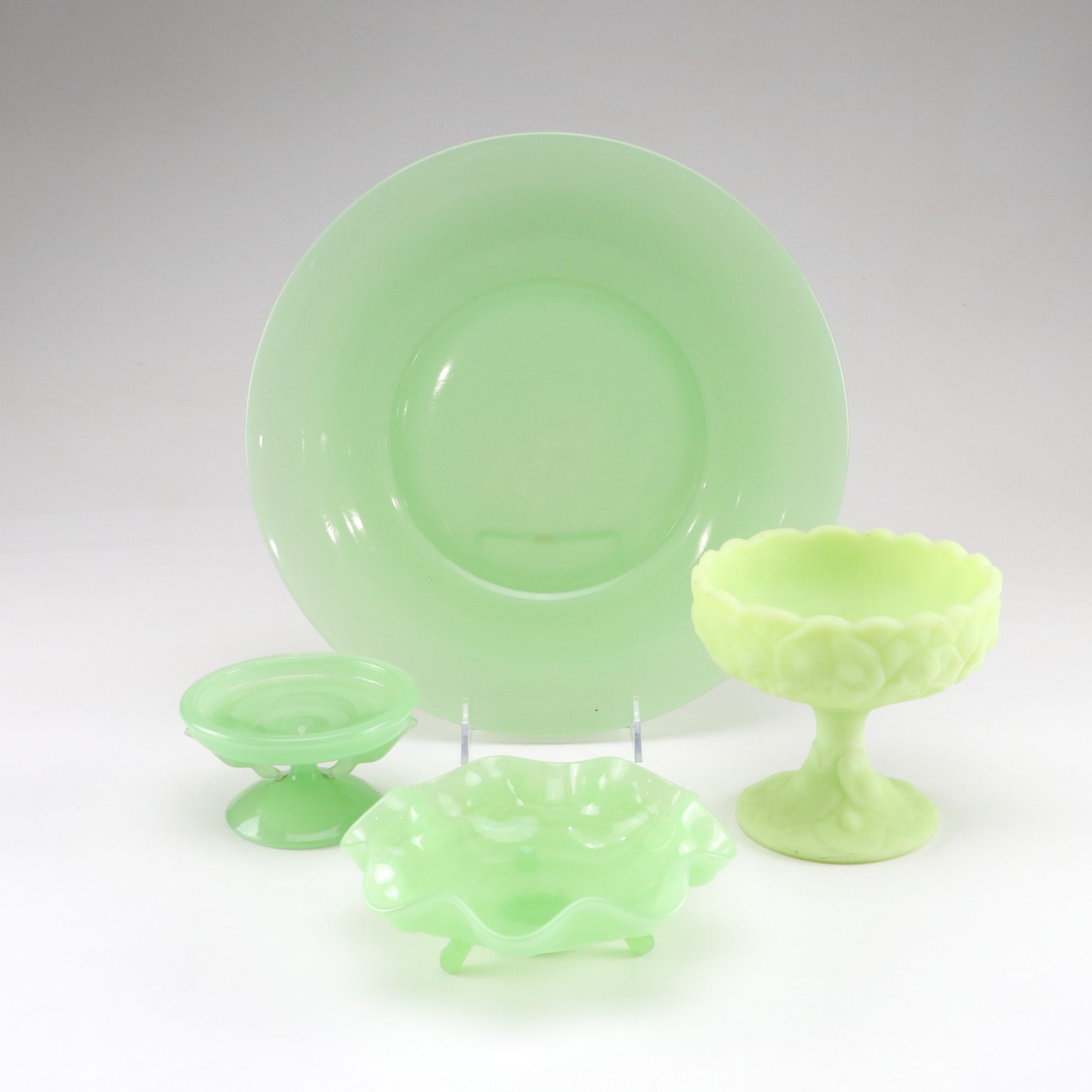 Fenton "Water Lily" Uranium Glass Compote, Houze Jadeite "Seals" Stand and More