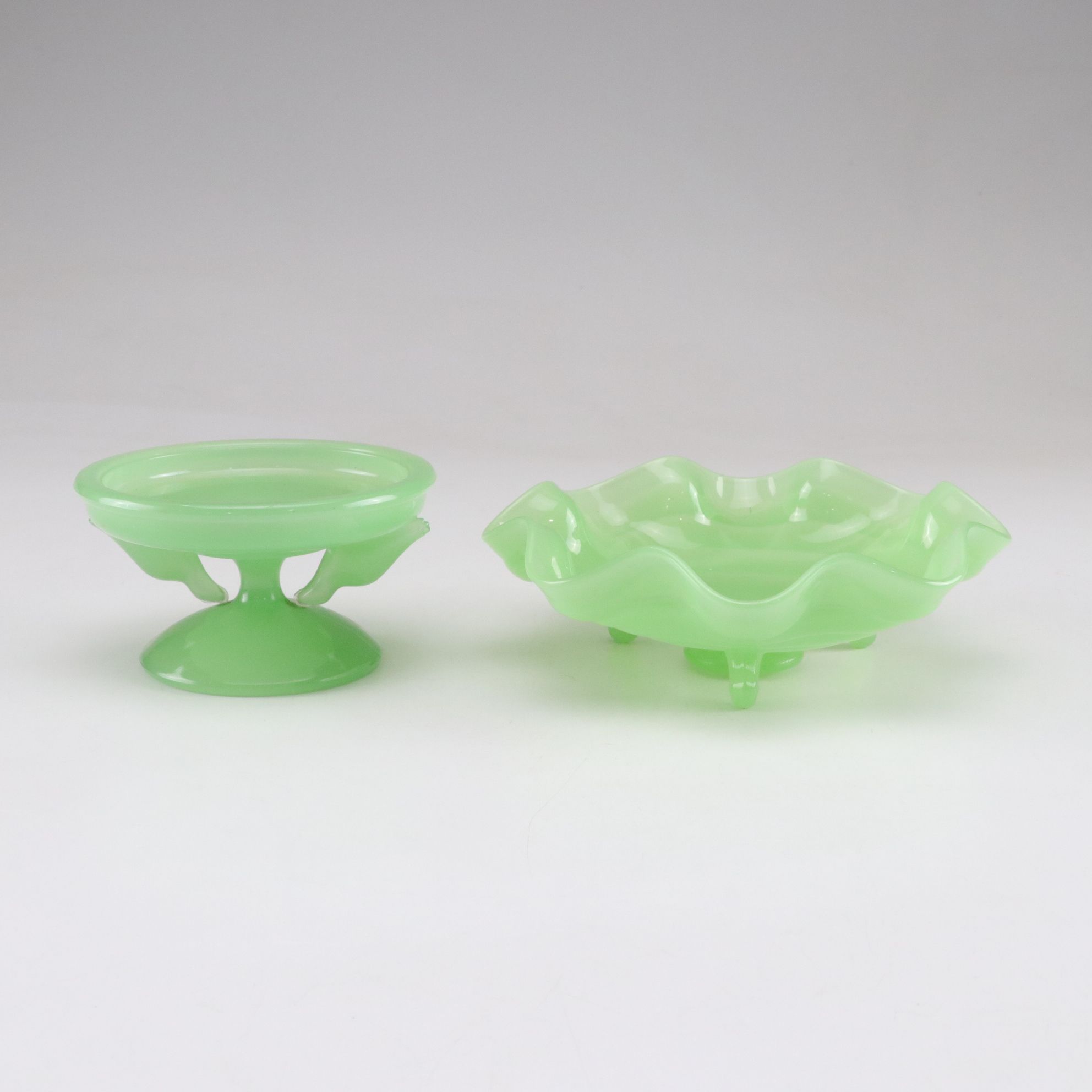 Fenton "Water Lily" Uranium Glass Compote, Houze Jadeite "Seals" Stand and More