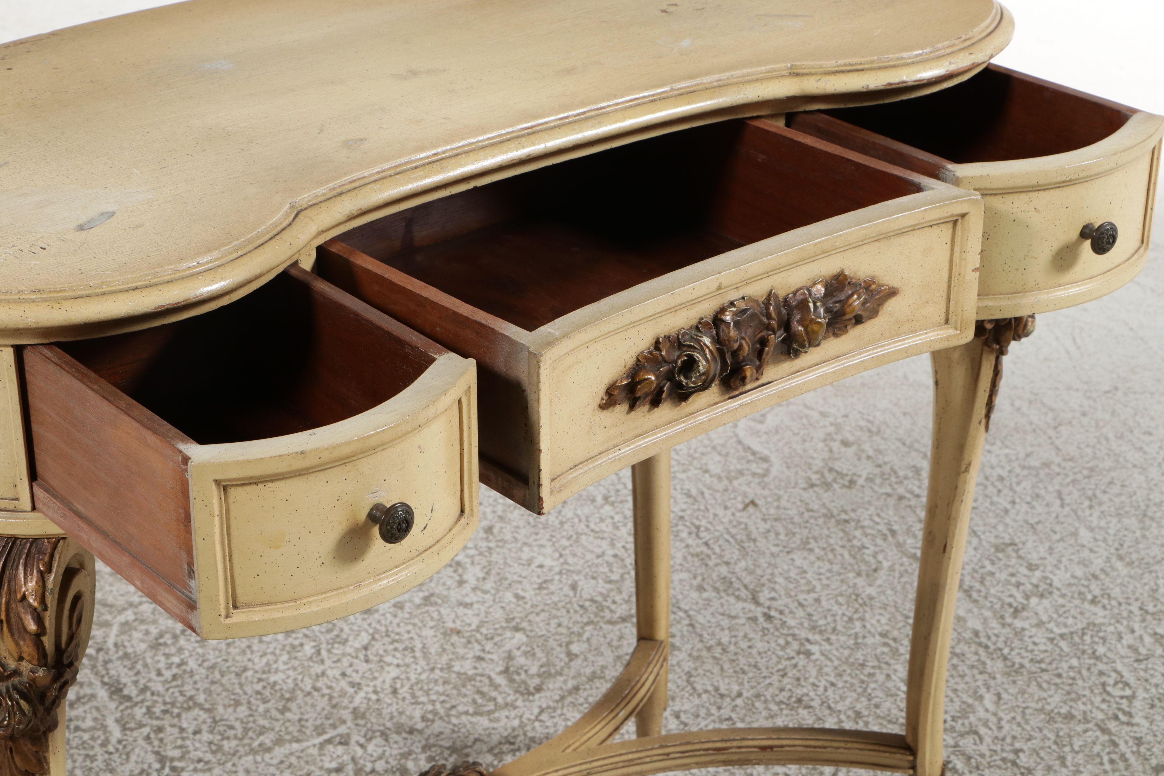 French Provincial Style Kidney-Shaped Vanity and Stool Set, Mid to Late 20th C.