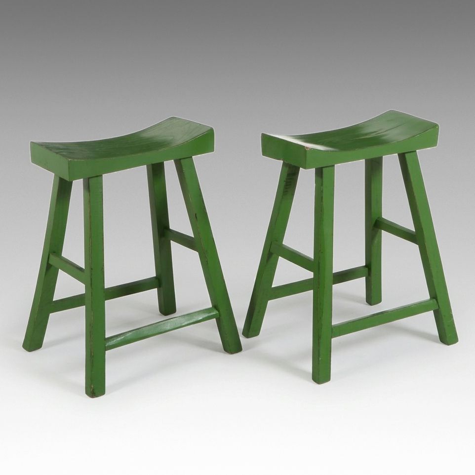 Pair of Asian-Style Green Painted Saddle Stools