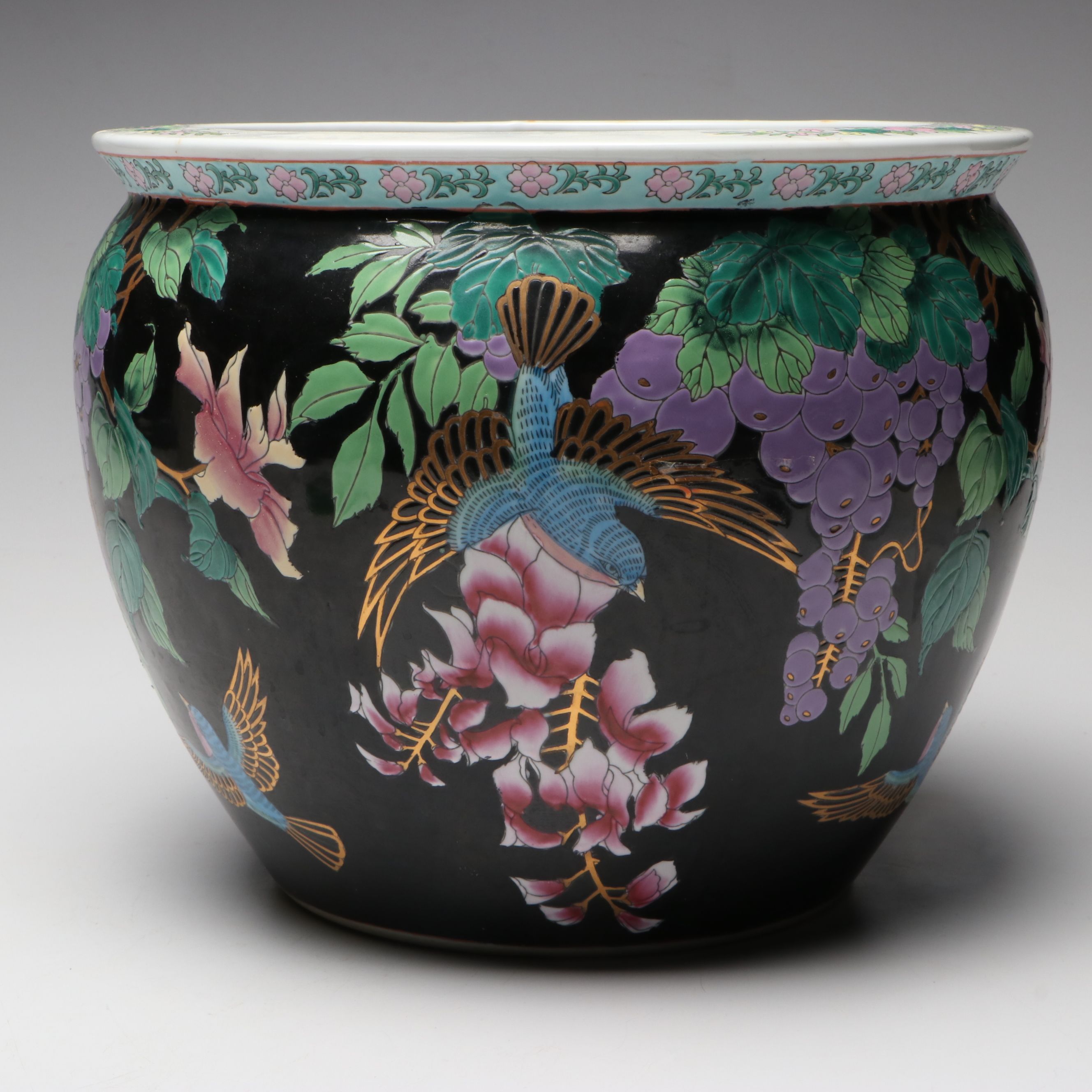 Chinese Famille Noire Hand-Painted Porcelain Fishbowl Planter