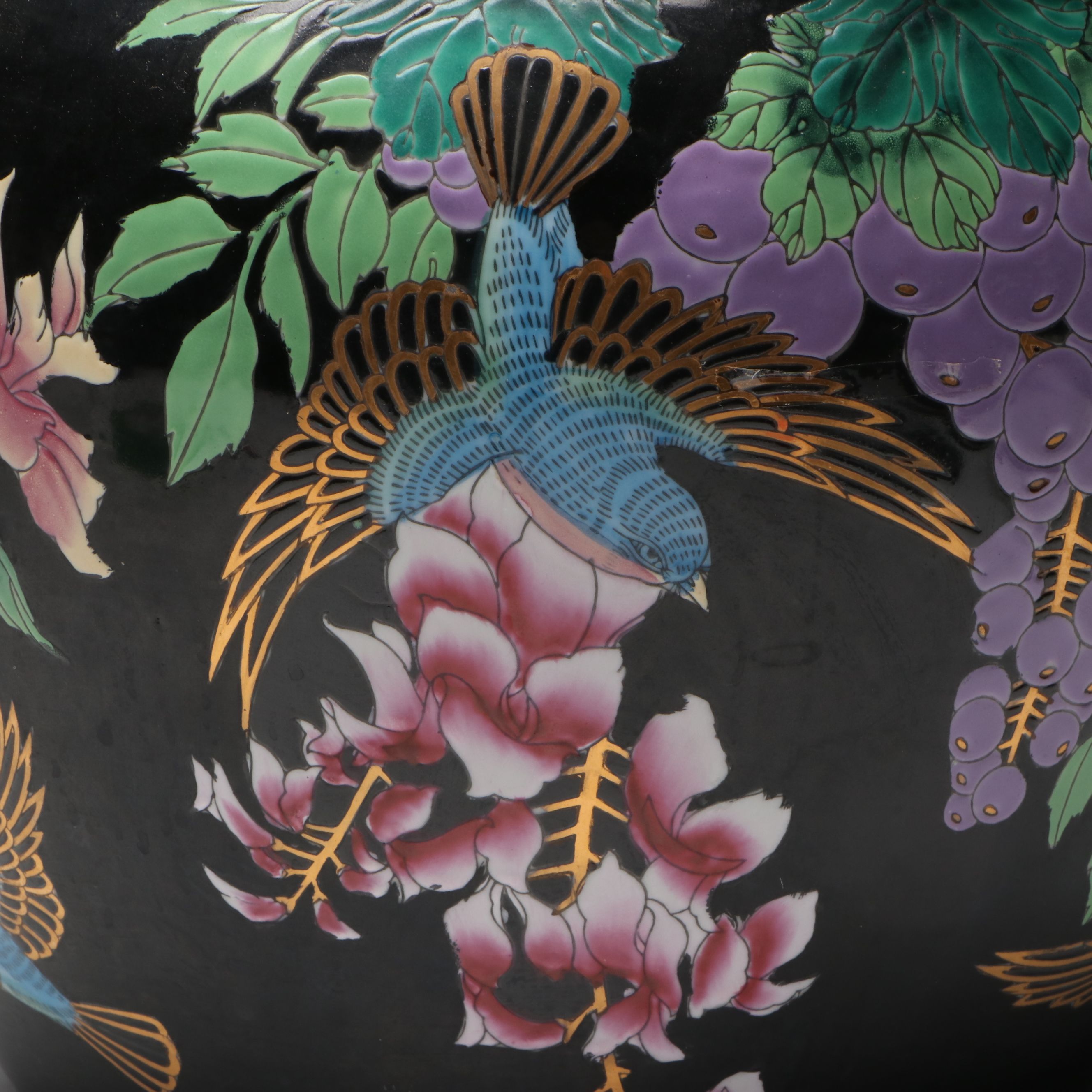 Chinese Famille Noire Hand-Painted Porcelain Fishbowl Planter