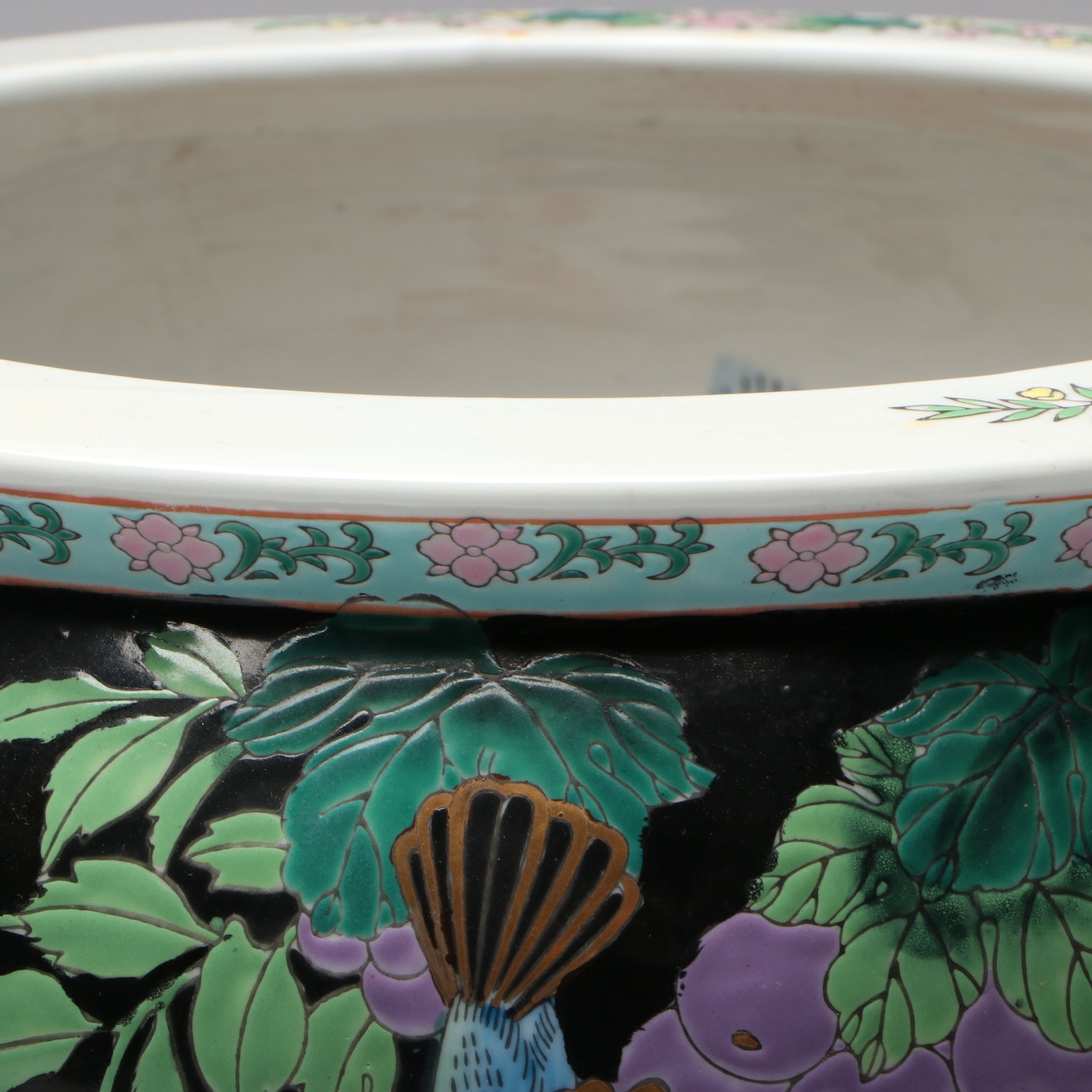 Chinese Famille Noire Hand-Painted Porcelain Fishbowl Planter