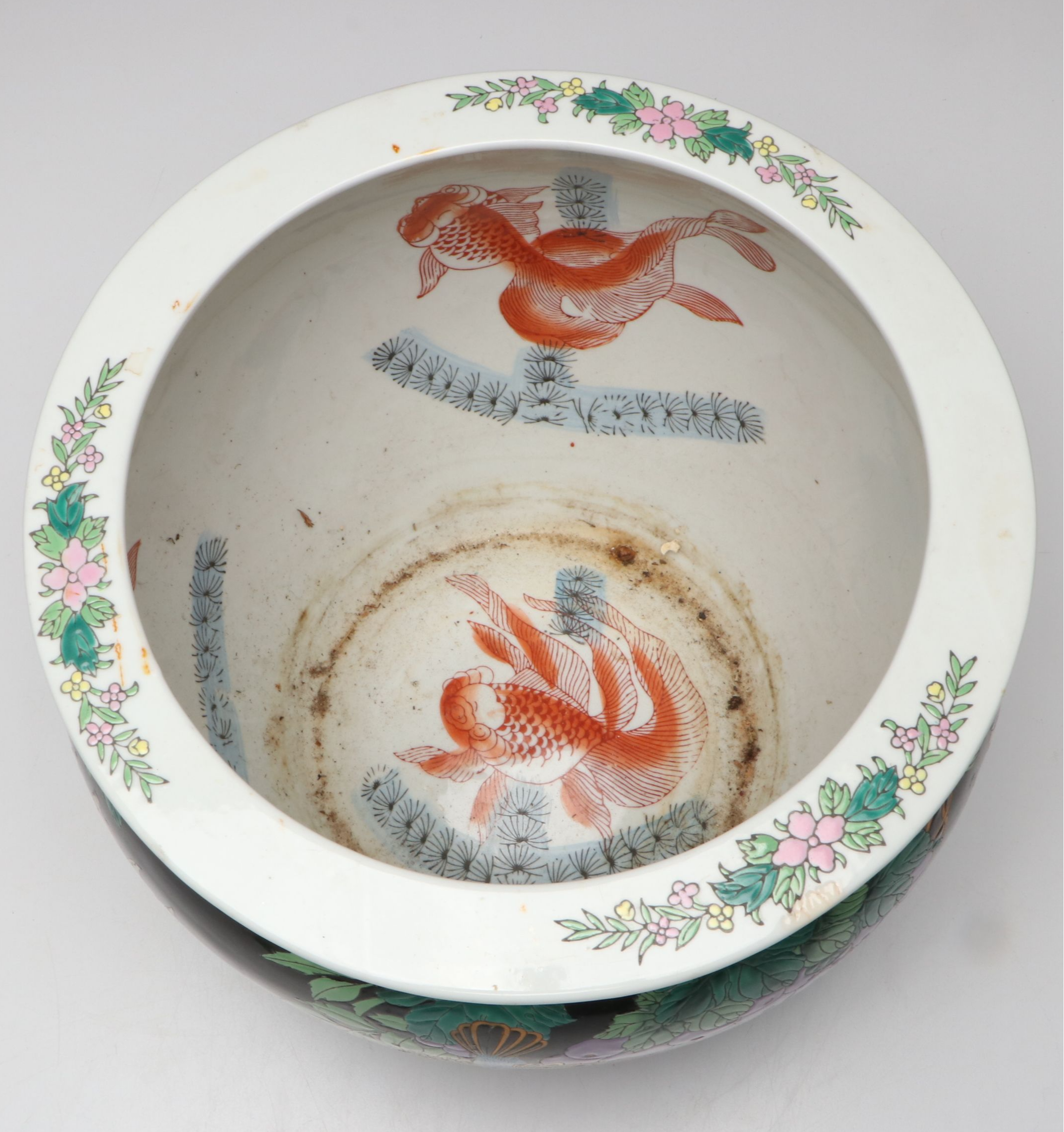 Chinese Famille Noire Hand-Painted Porcelain Fishbowl Planter