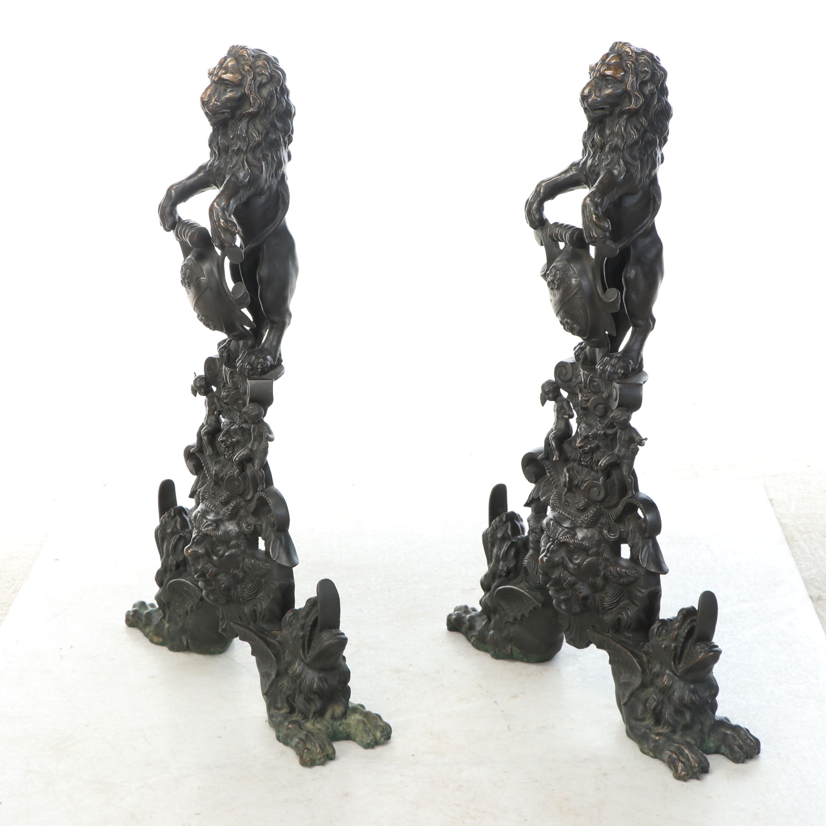Pair of Italian Renaissance Revival "Lion and Satyr" Andirons