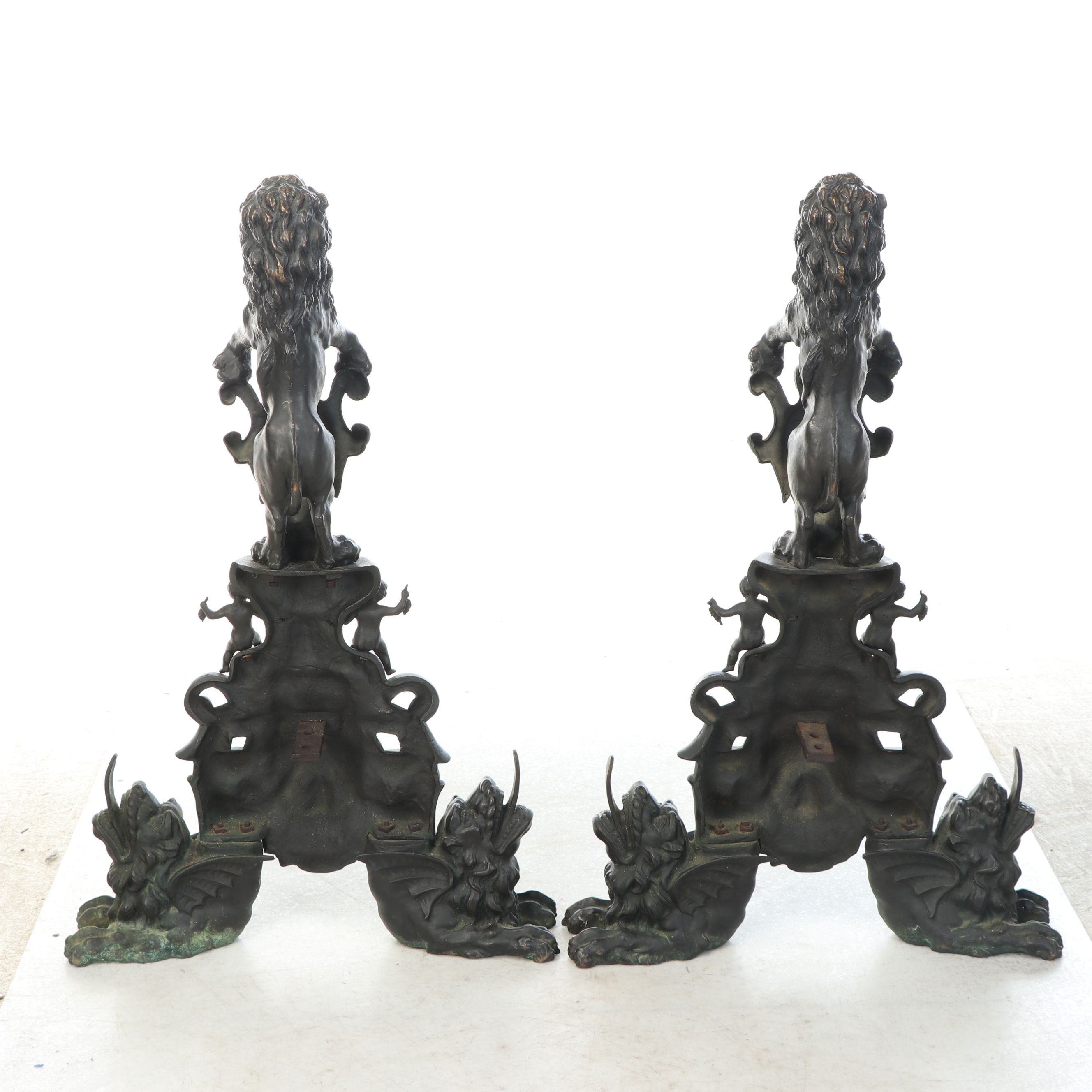 Pair of Italian Renaissance Revival "Lion and Satyr" Andirons