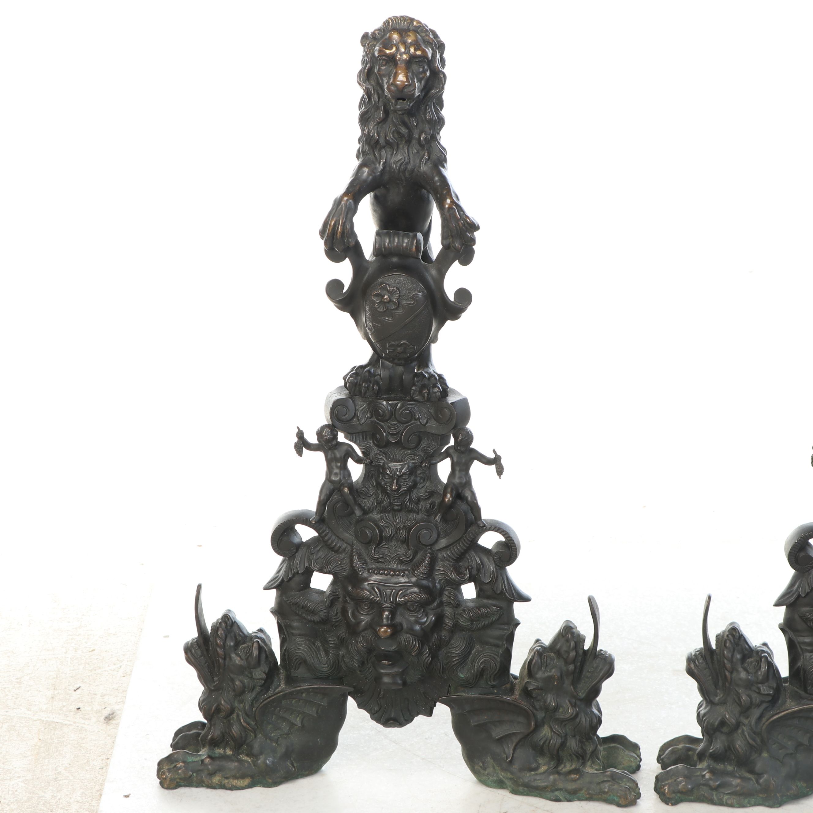 Pair of Italian Renaissance Revival "Lion and Satyr" Andirons