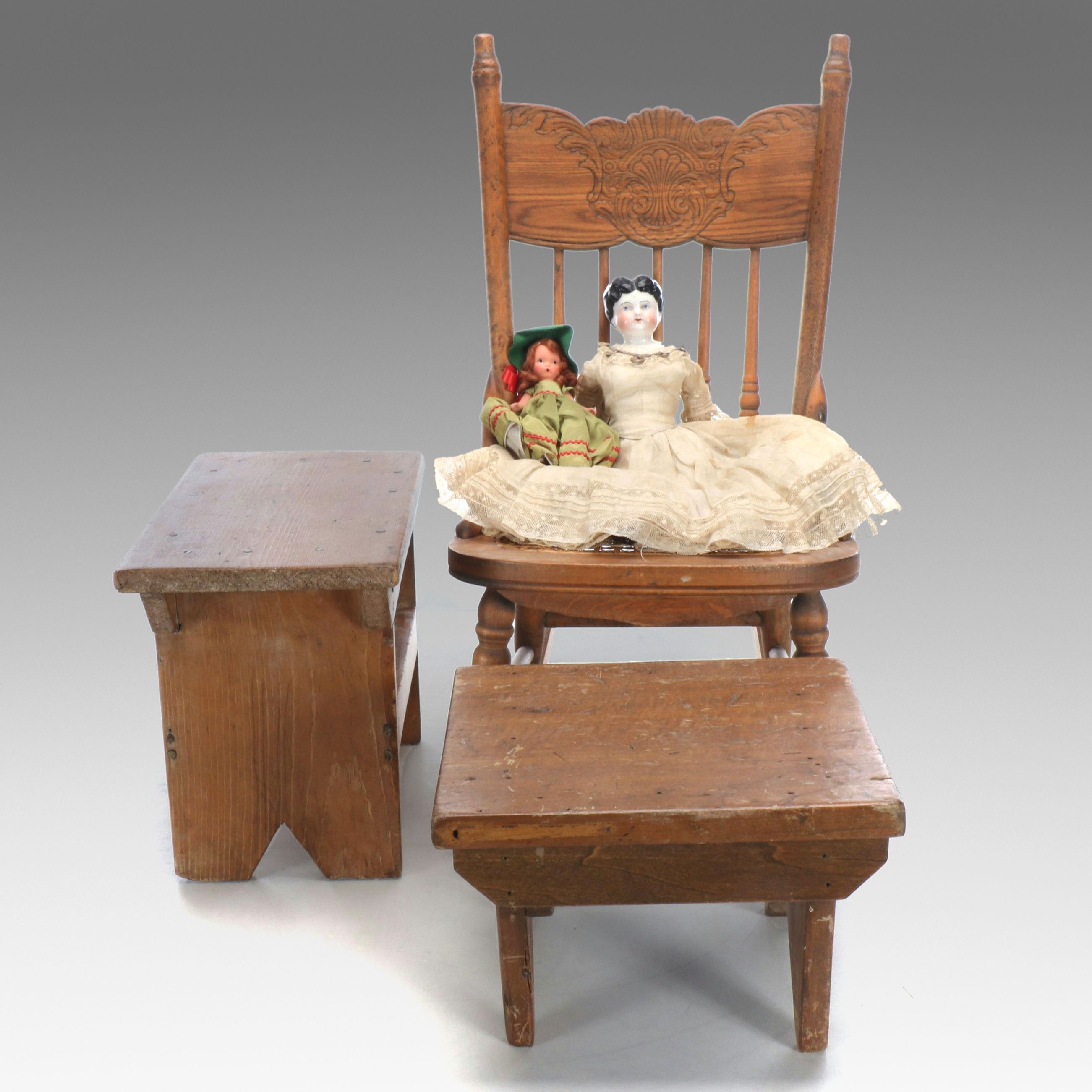 German Butterfly Hair China Head and Nancy Anne Doll and Doll Chairs