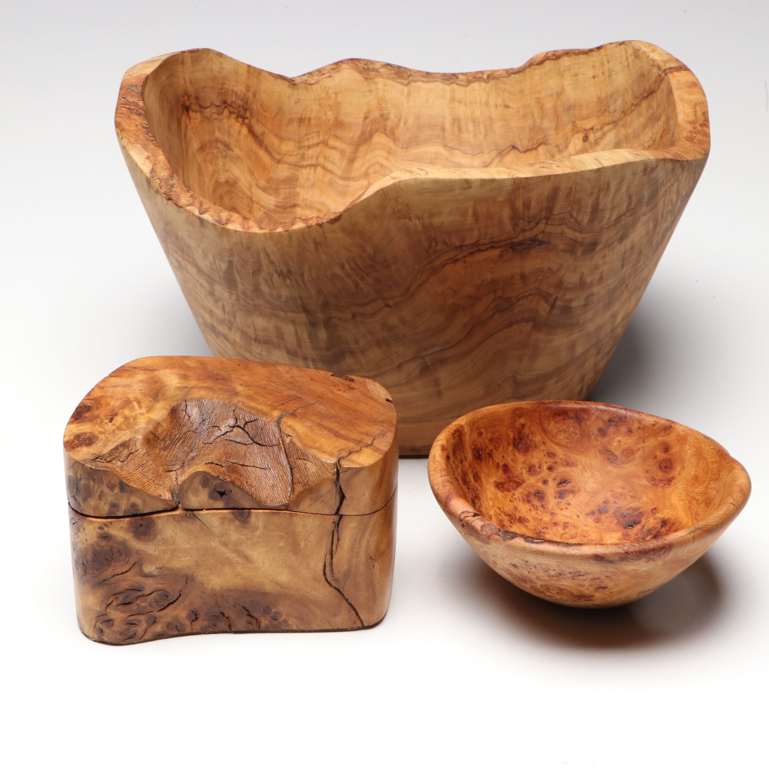 Freeform Burlwood Carved Bowls and Box