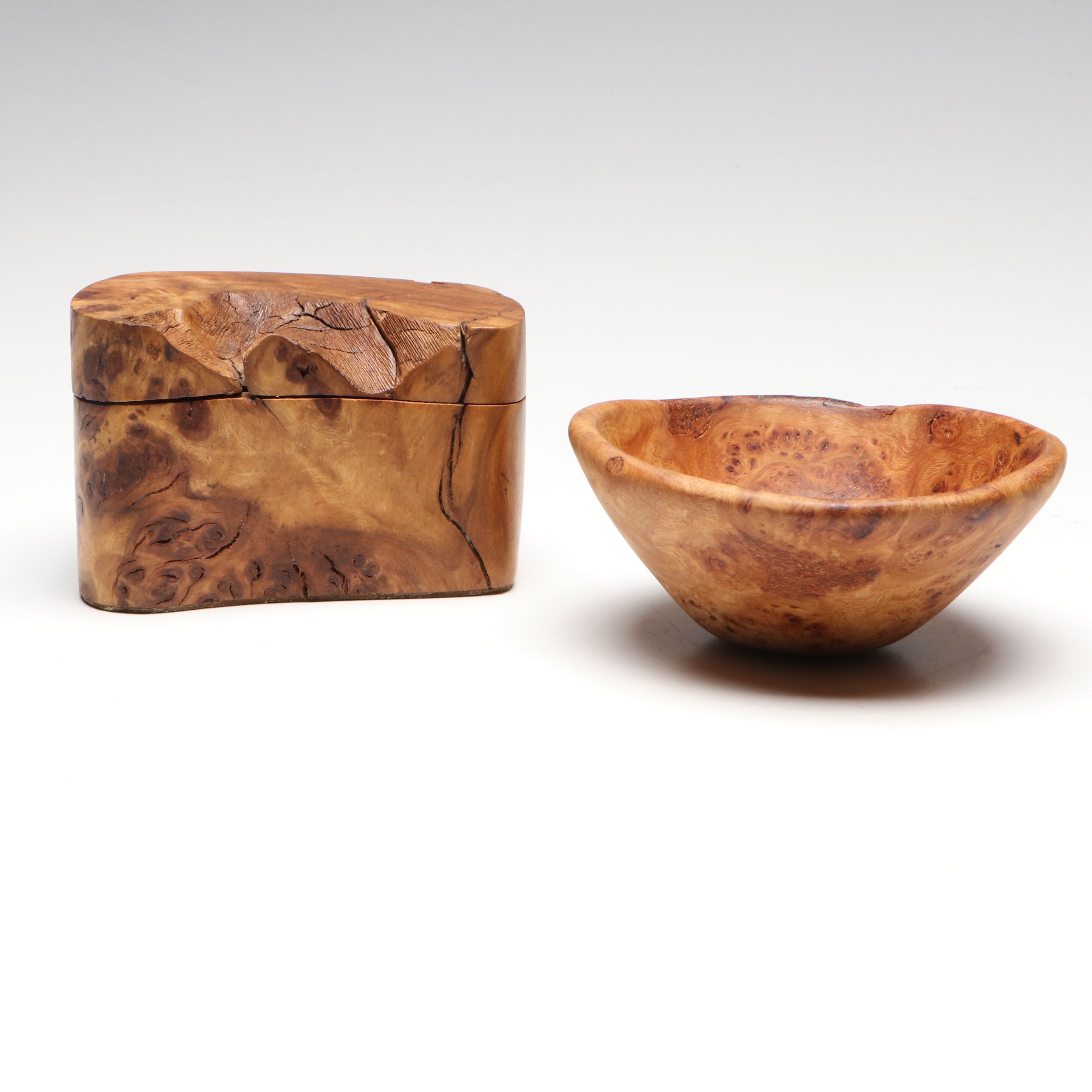 Freeform Burlwood Carved Bowls and Box