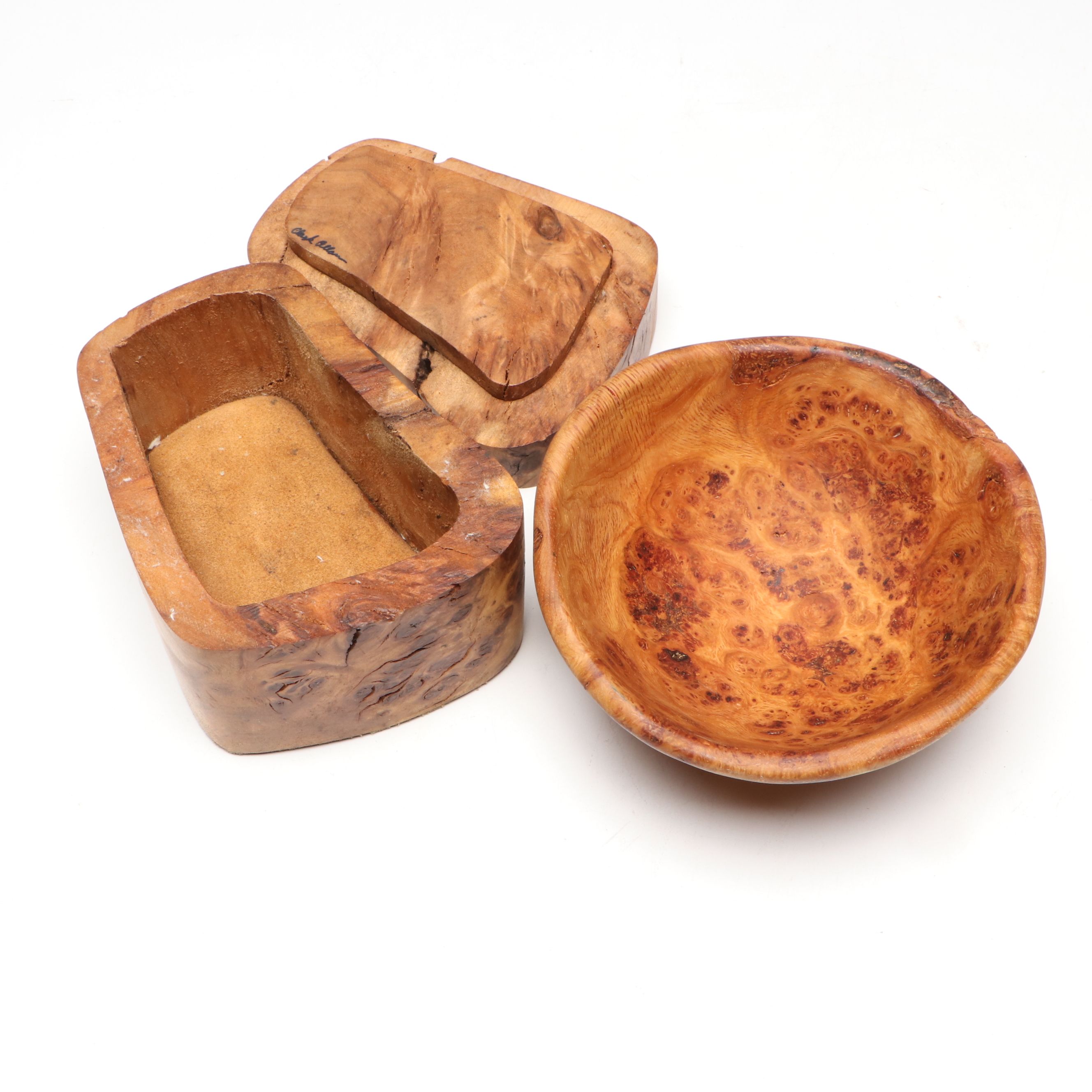 Freeform Burlwood Carved Bowls and Box