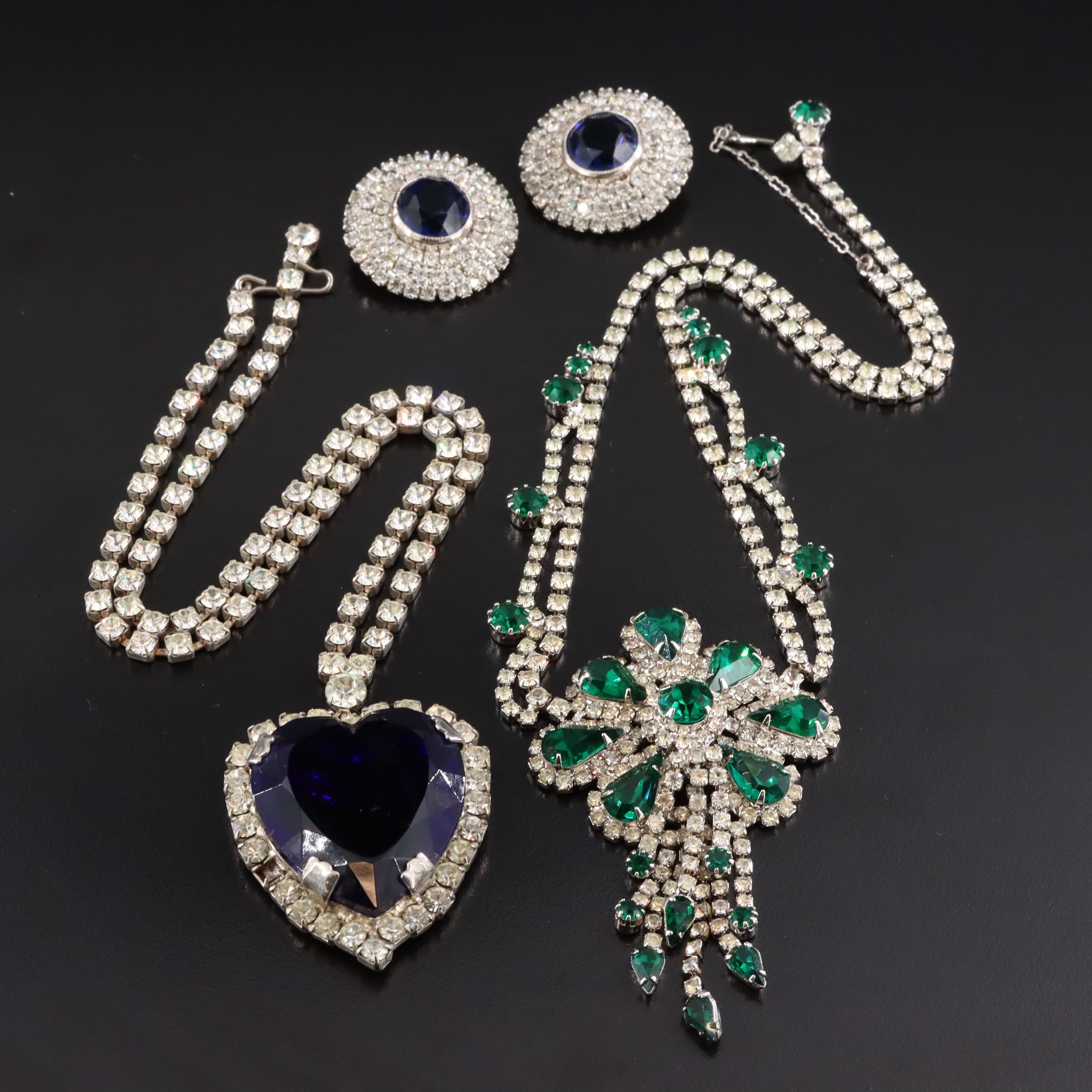 Vintage Rhinestone, Crystal & Glass Hobé Earrings with Heart & Floral Necklaces