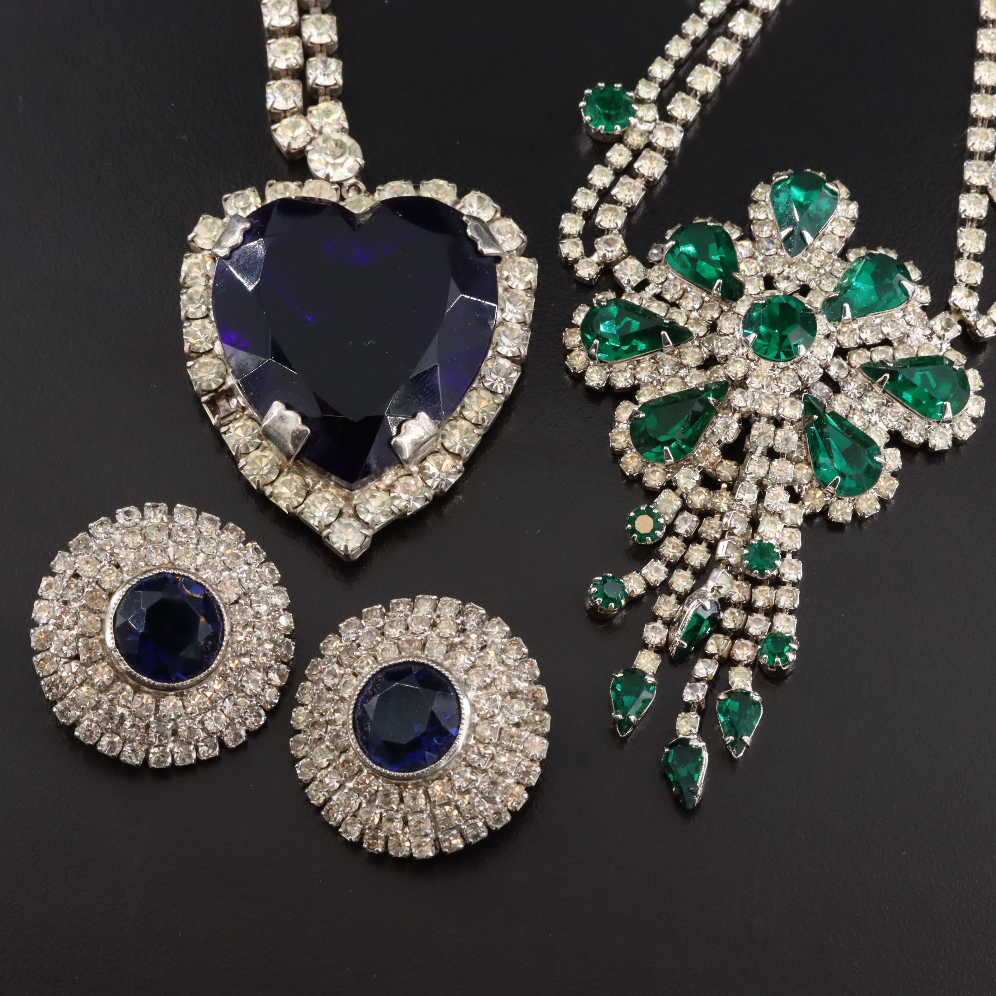Vintage Rhinestone, Crystal & Glass Hobé Earrings with Heart & Floral Necklaces
