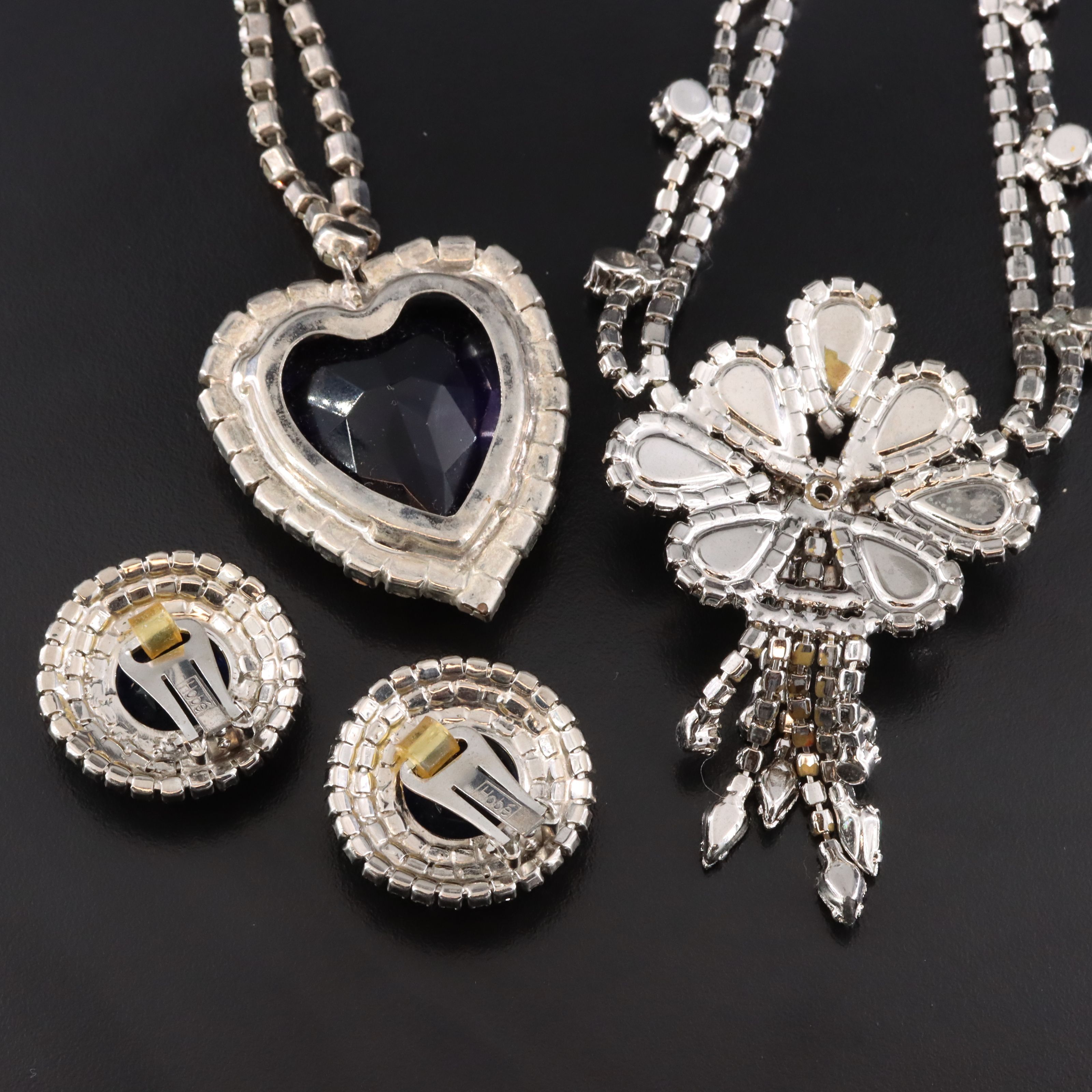 Vintage Rhinestone, Crystal & Glass Hobé Earrings with Heart & Floral Necklaces