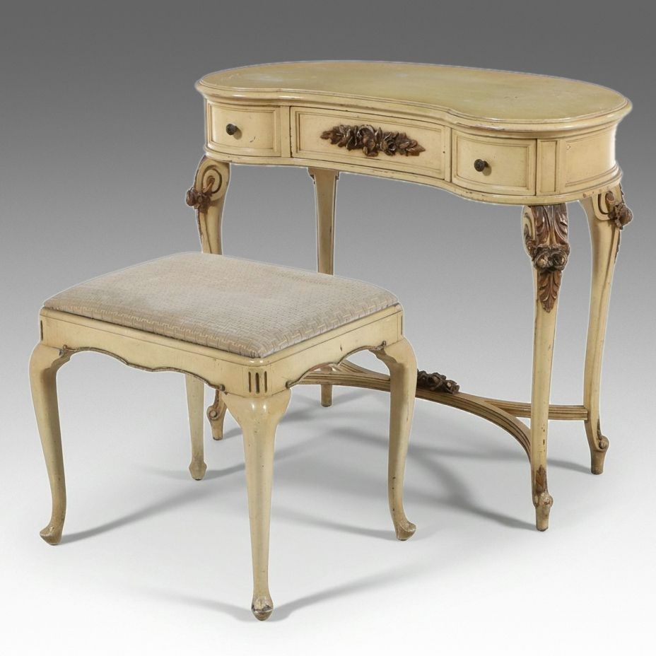 French Provincial Style Kidney-Shaped Vanity and Stool Set, Mid to Late 20th C.
