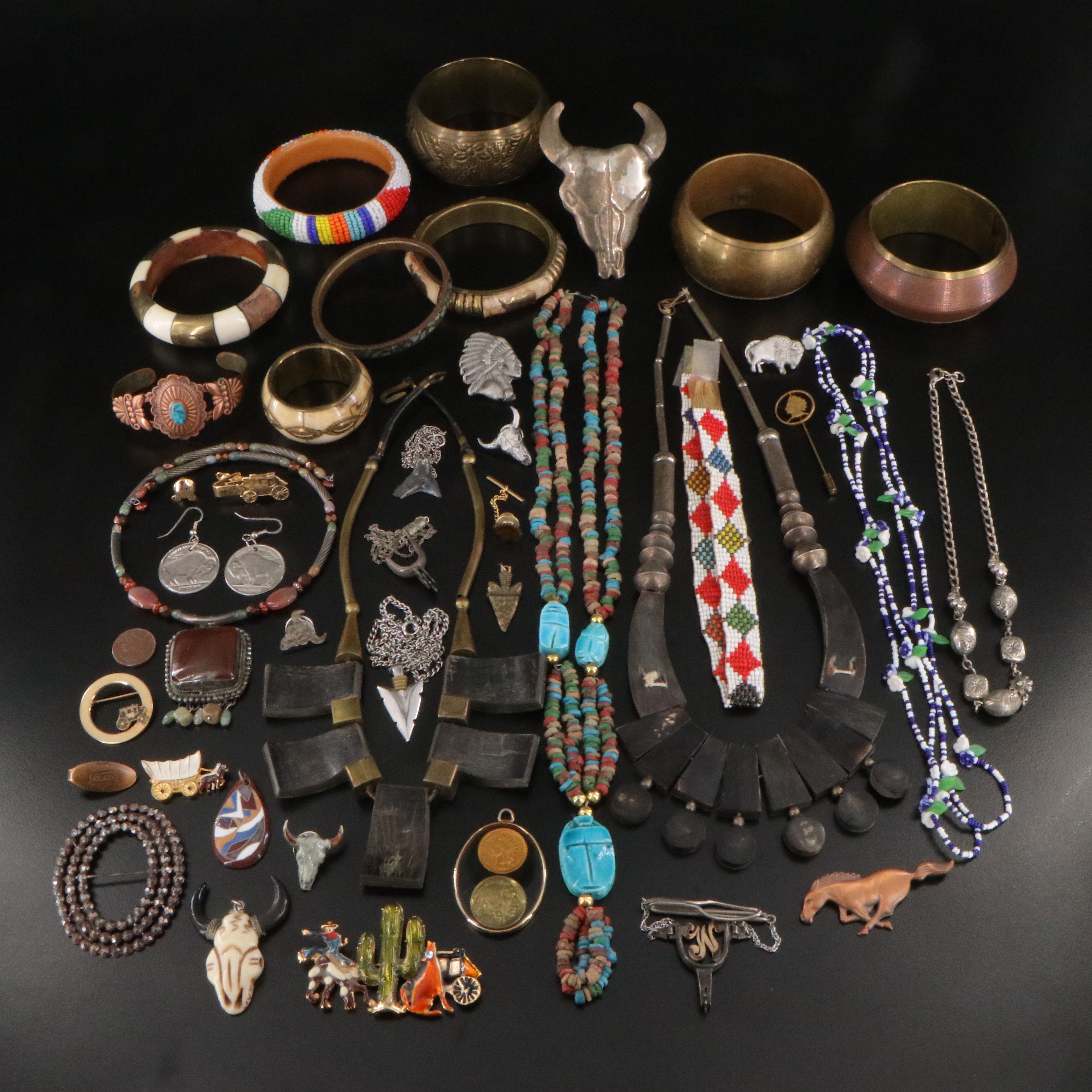 Western Jewelry Collection Including Faience Scarab, Bone and Enamel