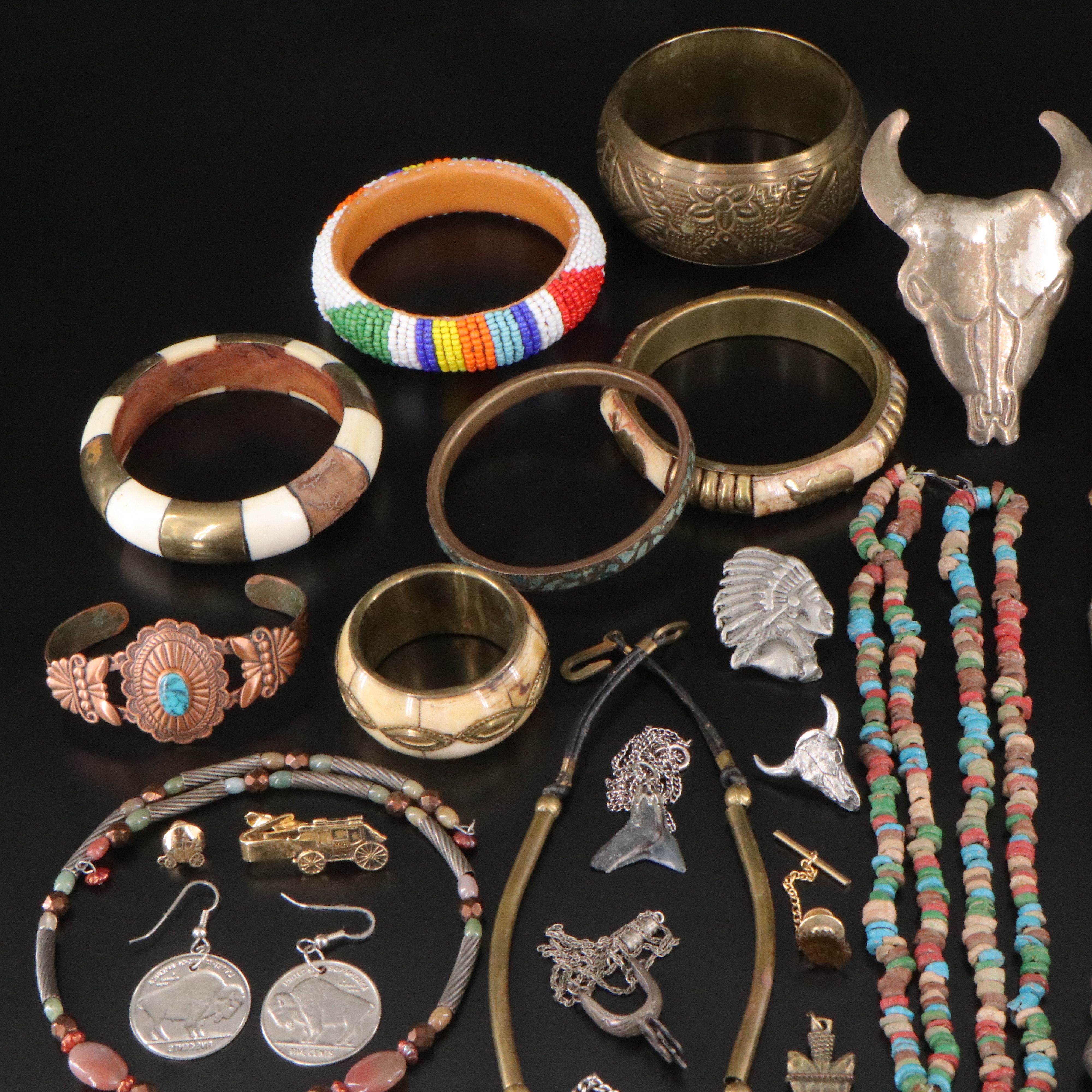 Western Jewelry Collection Including Faience Scarab, Bone and Enamel