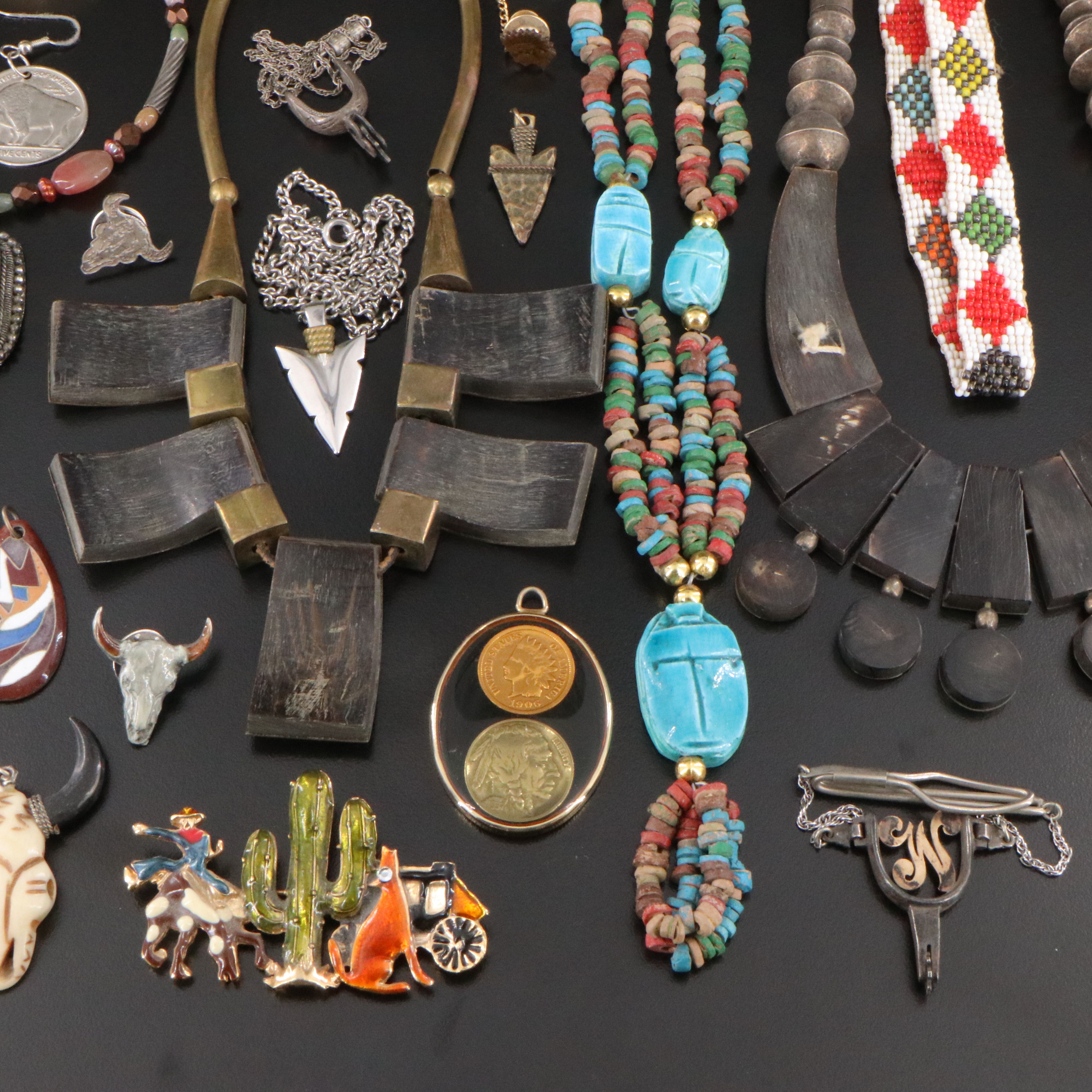 Western Jewelry Collection Including Faience Scarab, Bone and Enamel