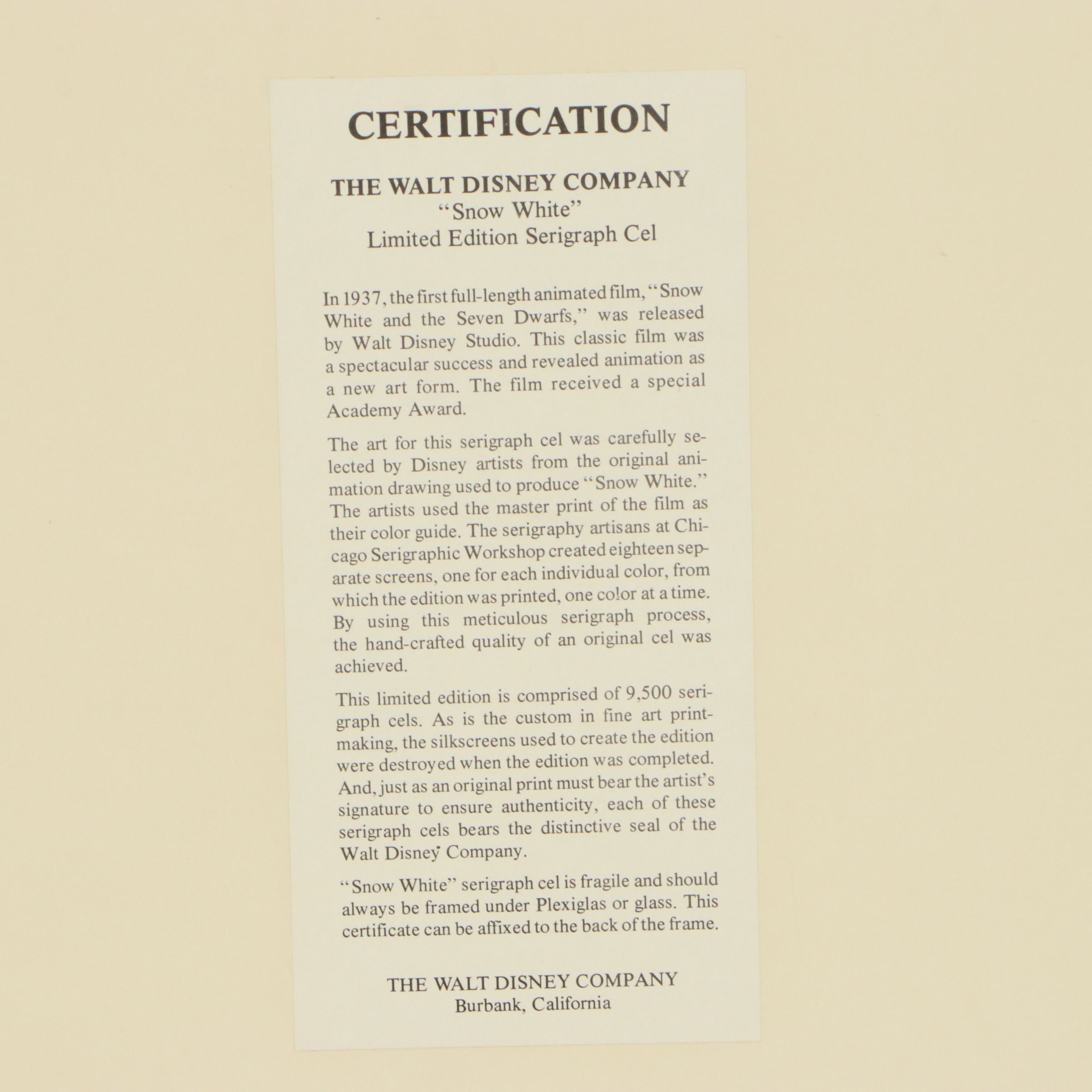 Disney Sericel of Scene from "Snow White and the Seven Dwarfs," 1937