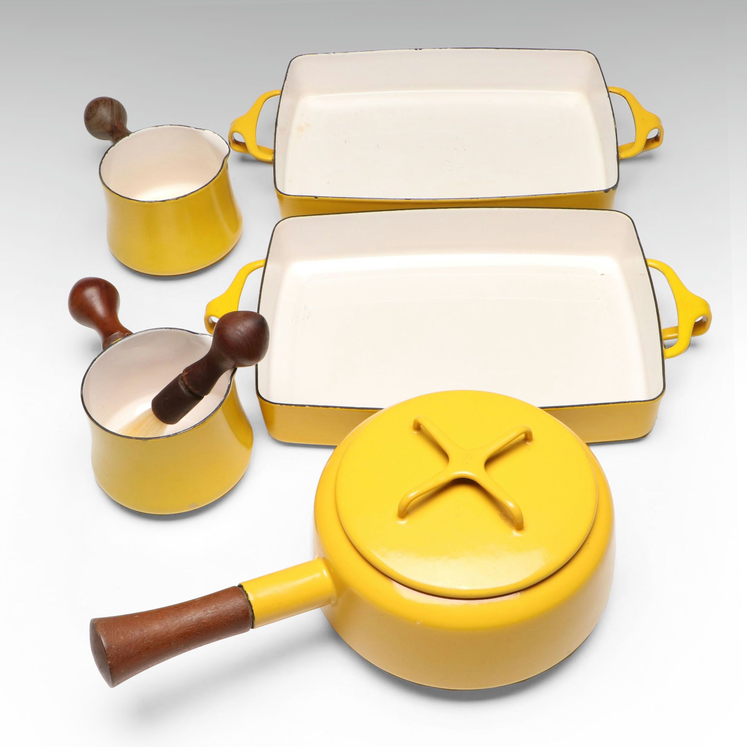 Dansk "Kobenstyle" Yellow Enameled Casserole Dishes, Fondue Pot and Sauce Pans