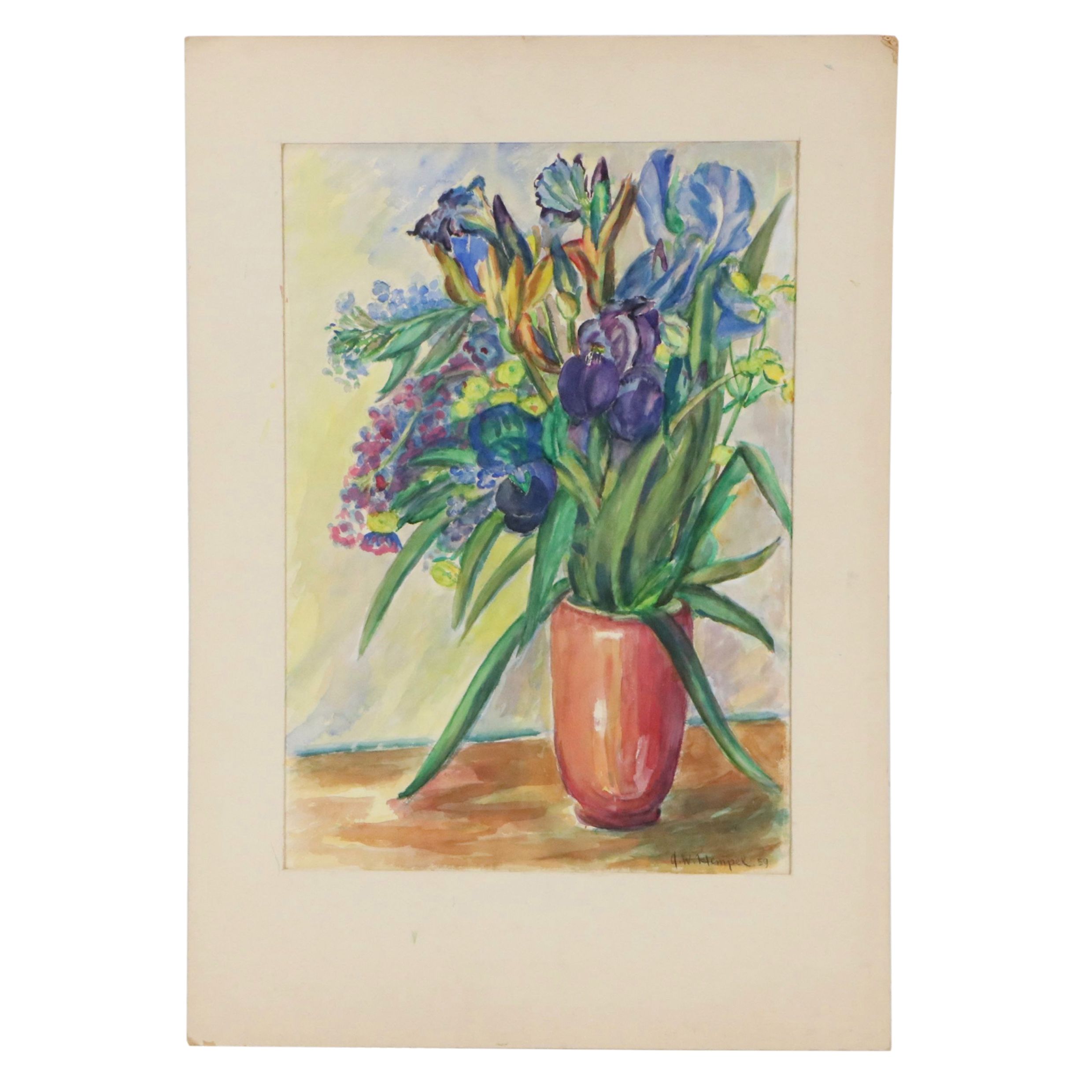 Arno W. Hempel Watercolor Painting of Bouquet of Irises and more, 1959