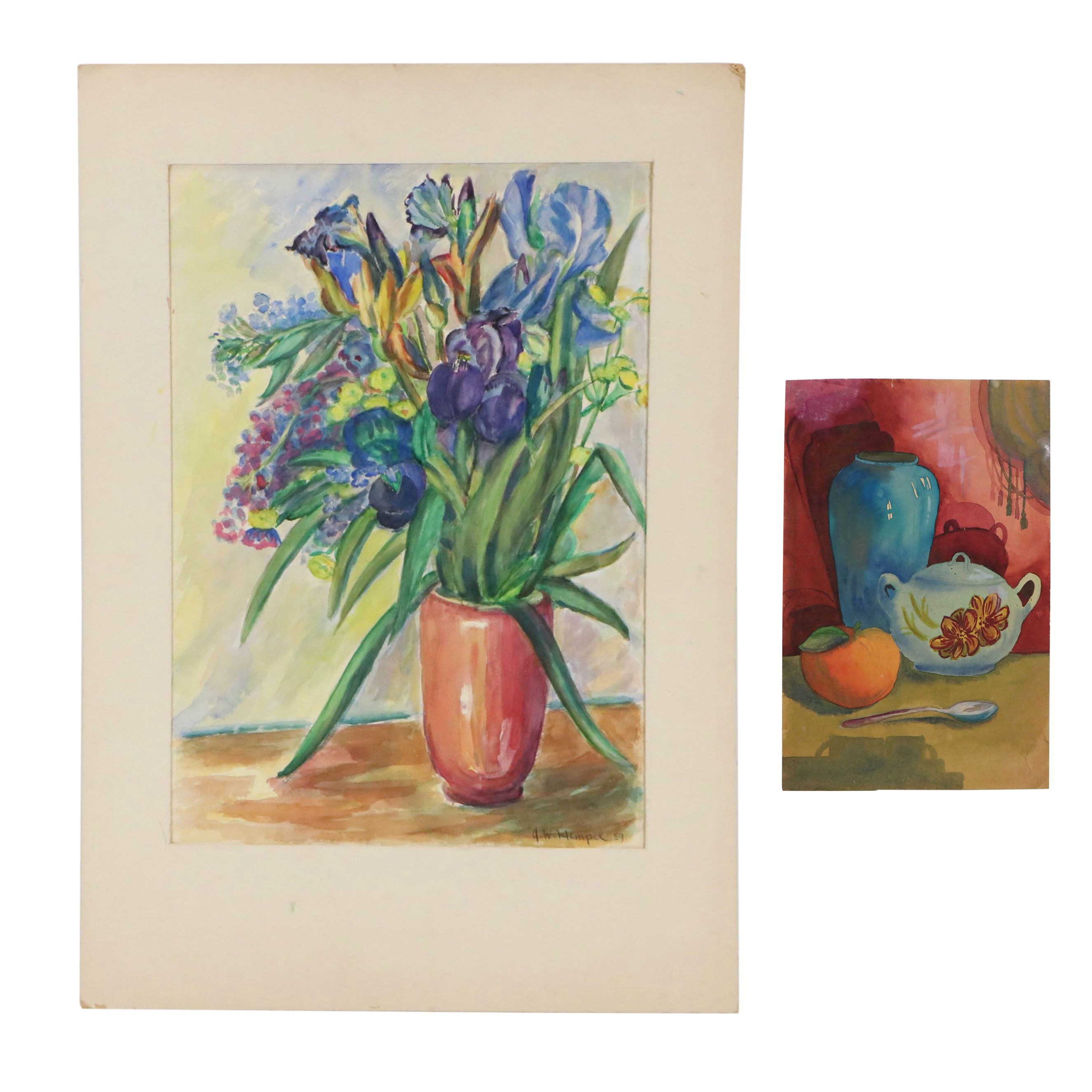 Arno W. Hempel Watercolor Painting of Bouquet of Irises and more, 1959