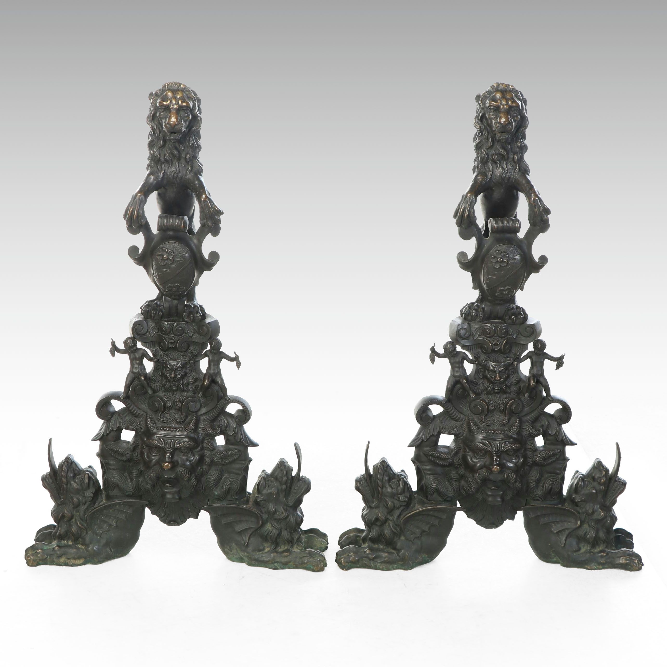 Pair of Italian Renaissance Revival "Lion and Satyr" Andirons