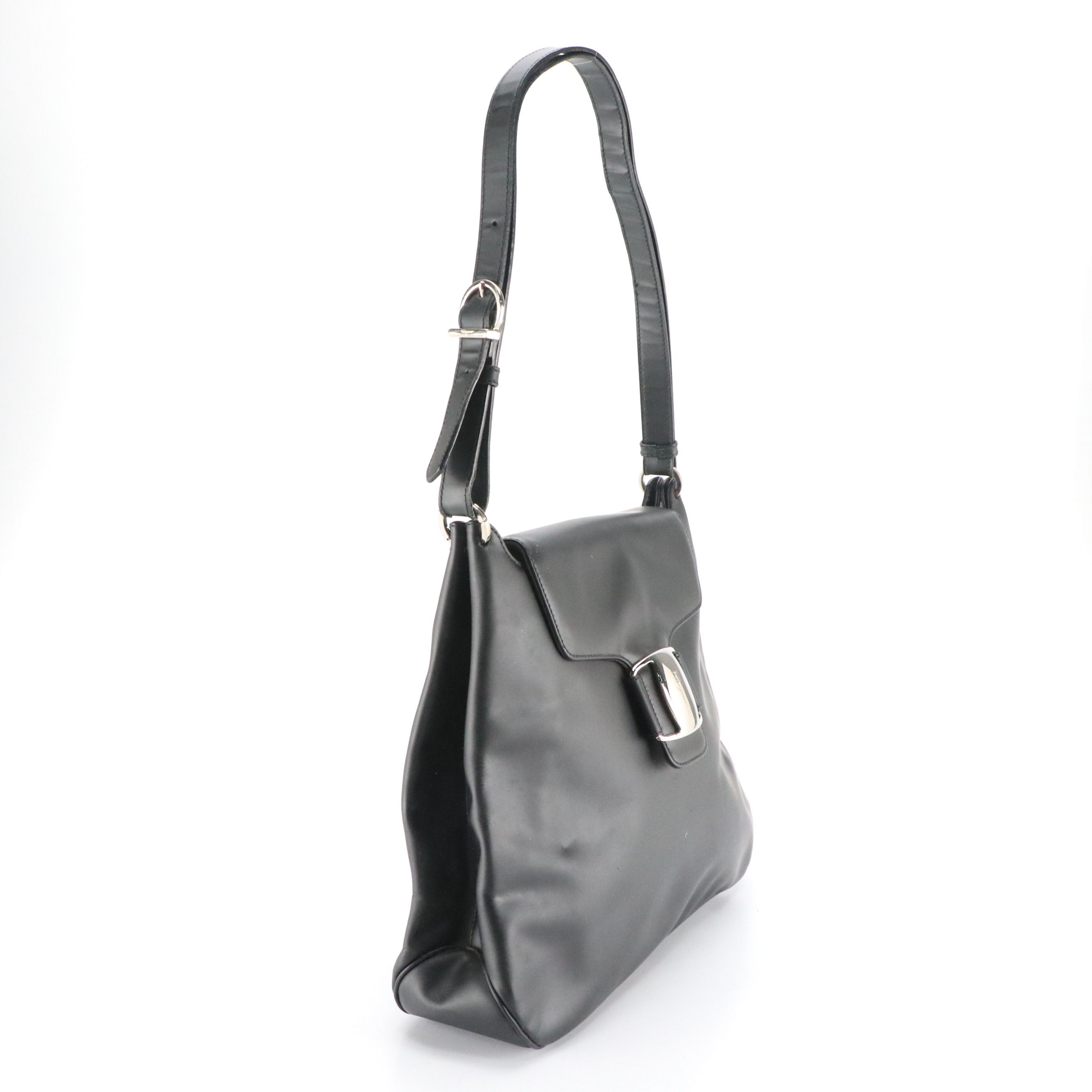 Salvatore Ferragamo Gancini Flap Shoulder Bag in Matte Black Calfskin Leather