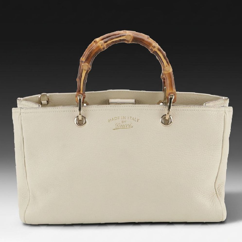 Gucci Bamboo Handle Two-Way Shopper Tote in Ivory Grained Calfskin Leather