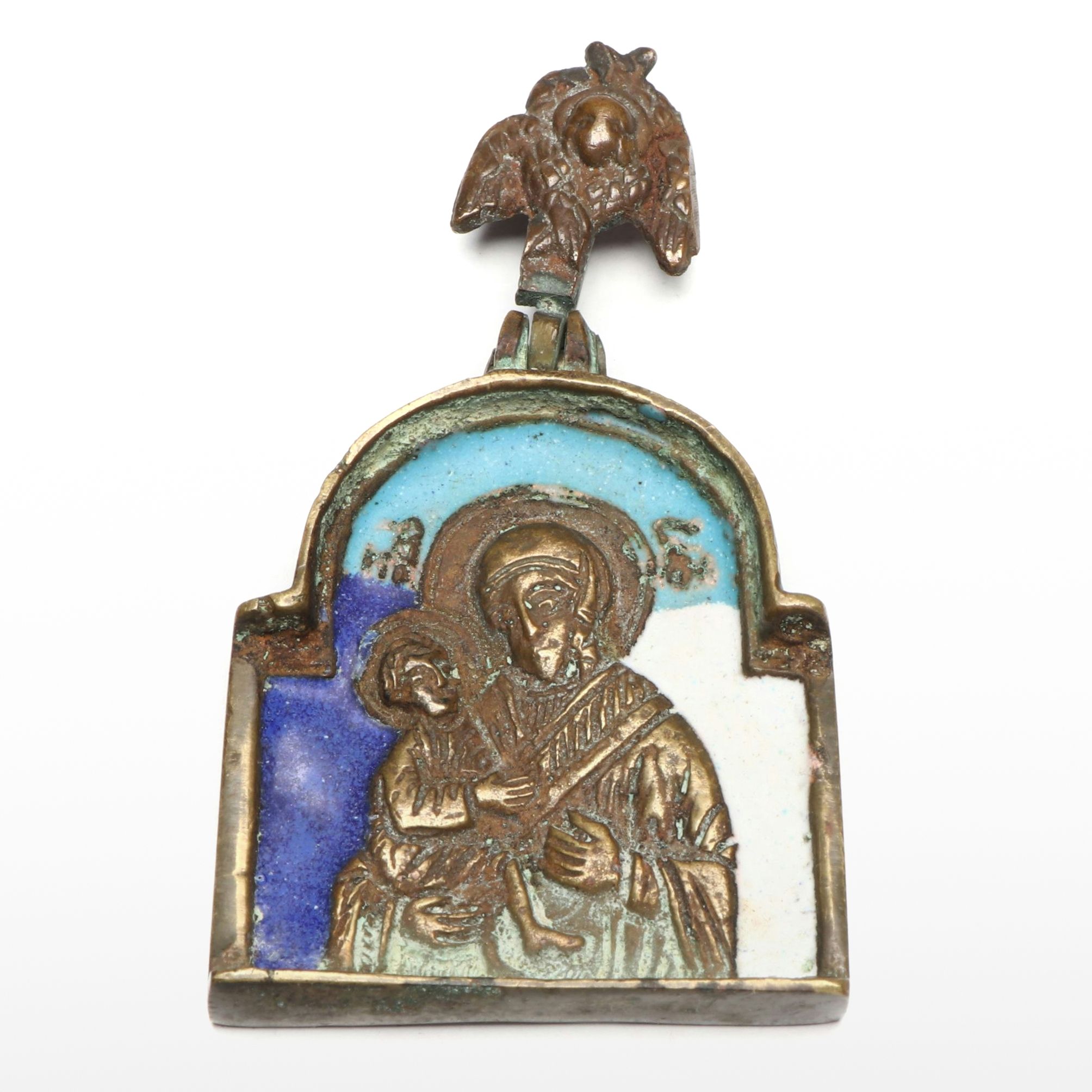 Brass Virgin Mary and Child Enamel Pendant