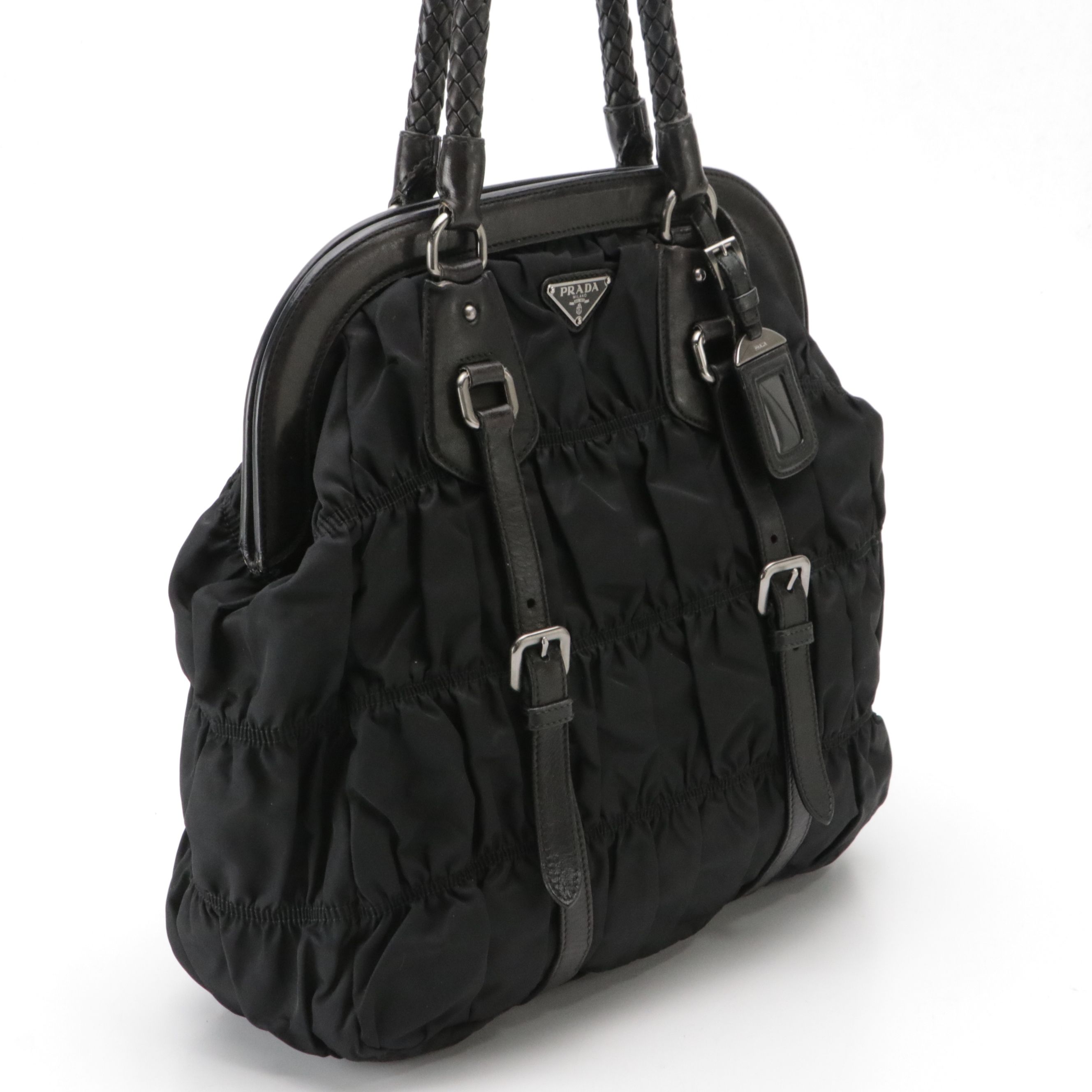 Prada Black Gaufre Tessuto Nylon and Leather Tote Bag with Braided Strap