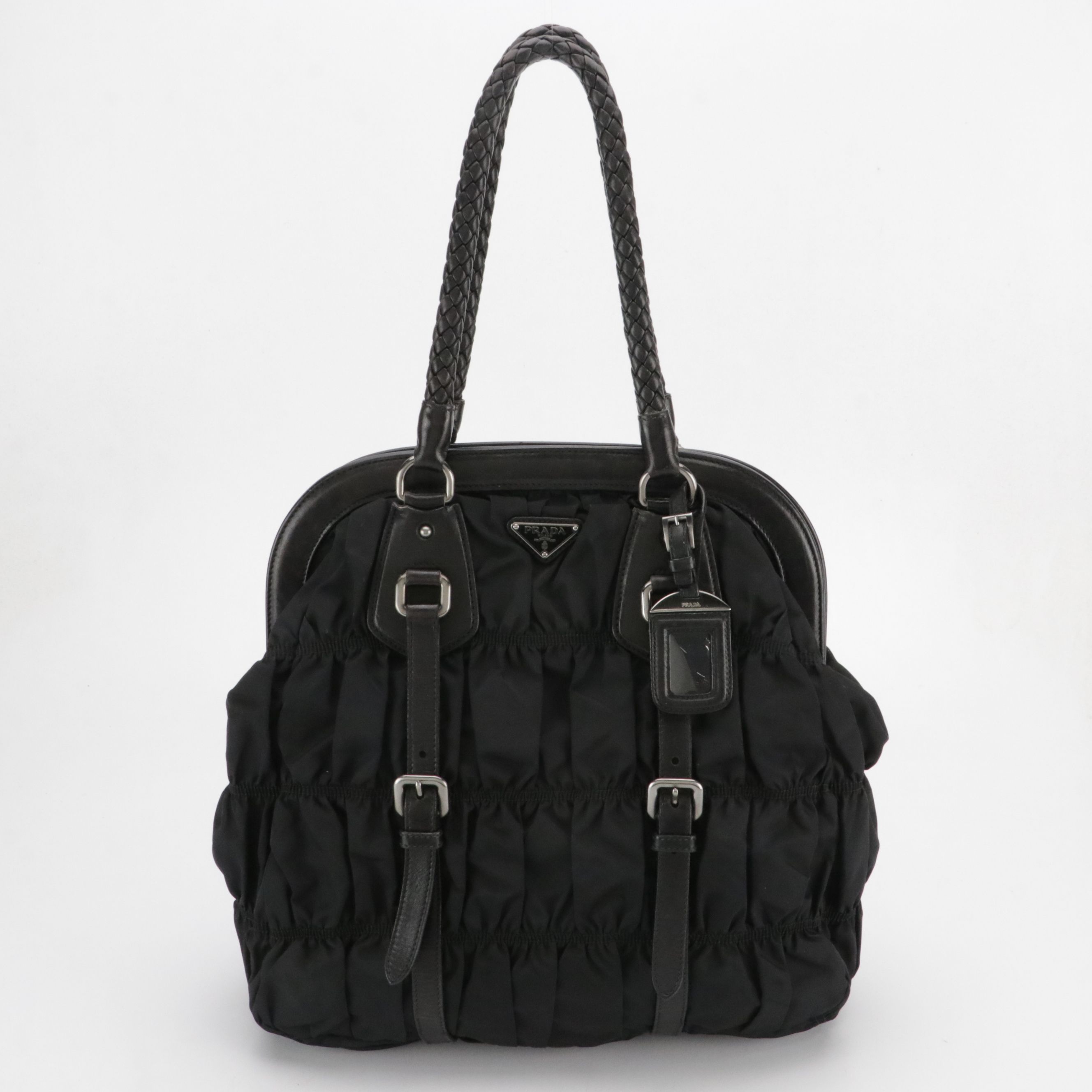 Prada Black Gaufre Tessuto Nylon and Leather Tote Bag with Braided Strap