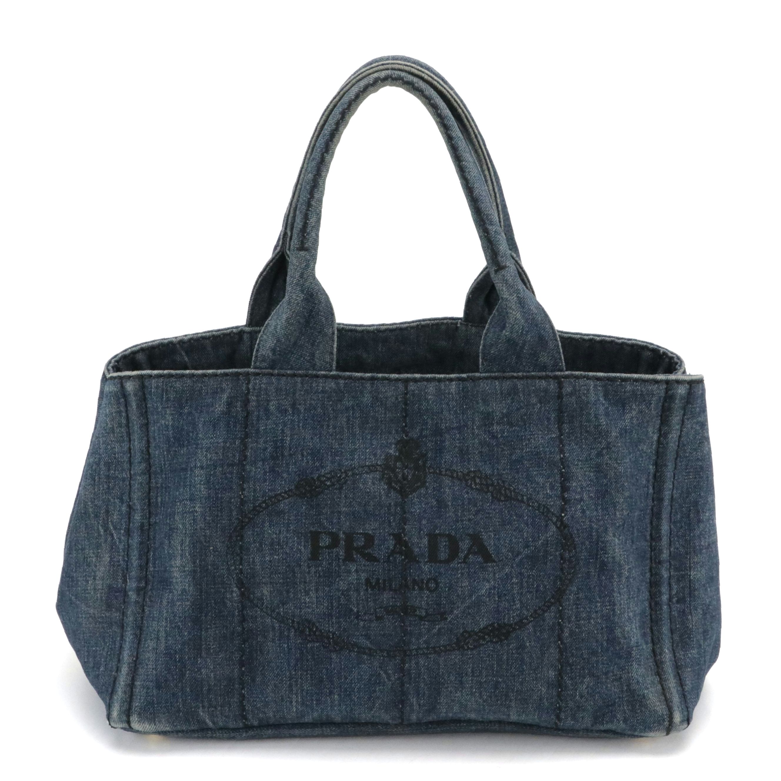 Prada Canapa Logo Top Handle Tote in Blue Denim Canvas