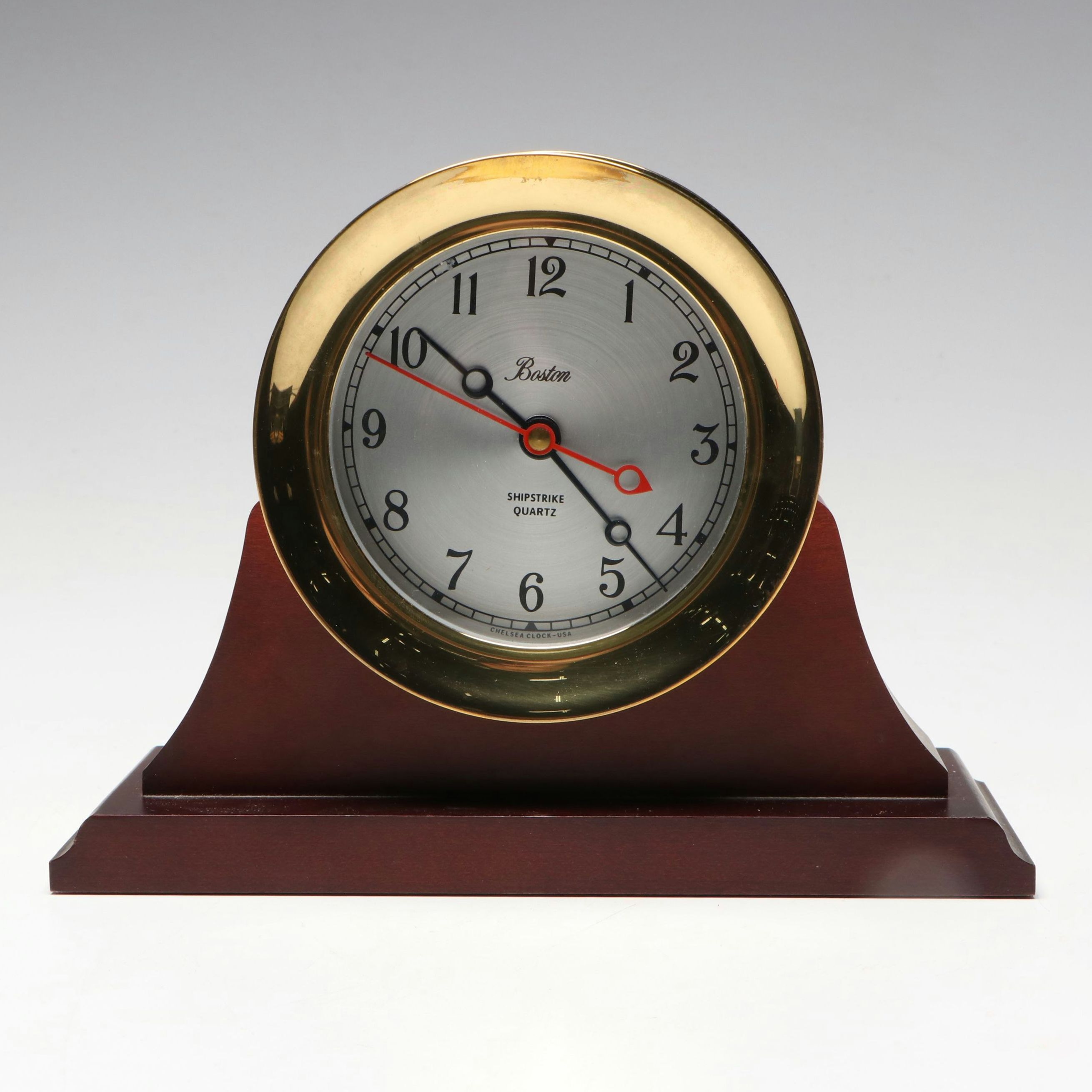 Chelsea Brass Shipstrike Quartz Mantel Clock on Wood Base
