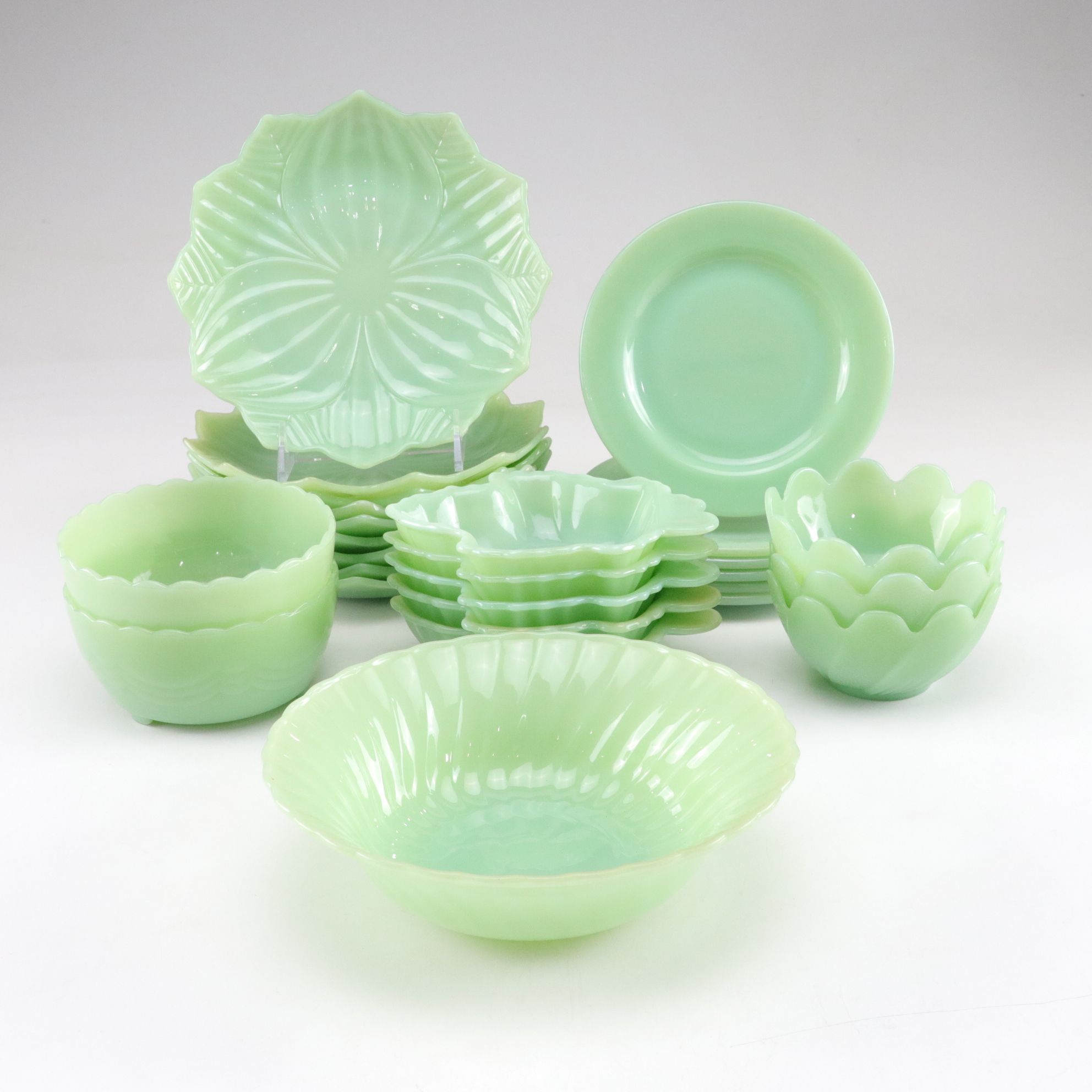 Fire-King "Lotus Blossom" Salad Plates and Other Jadeite Dinnerware