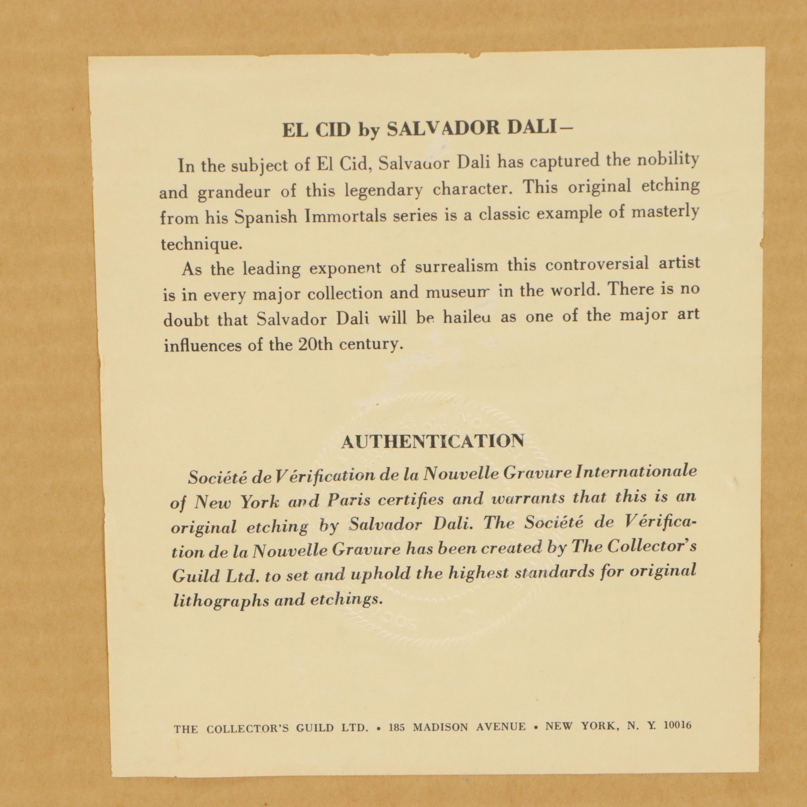 Salvador Dalí Restrike Etching "El Cid"